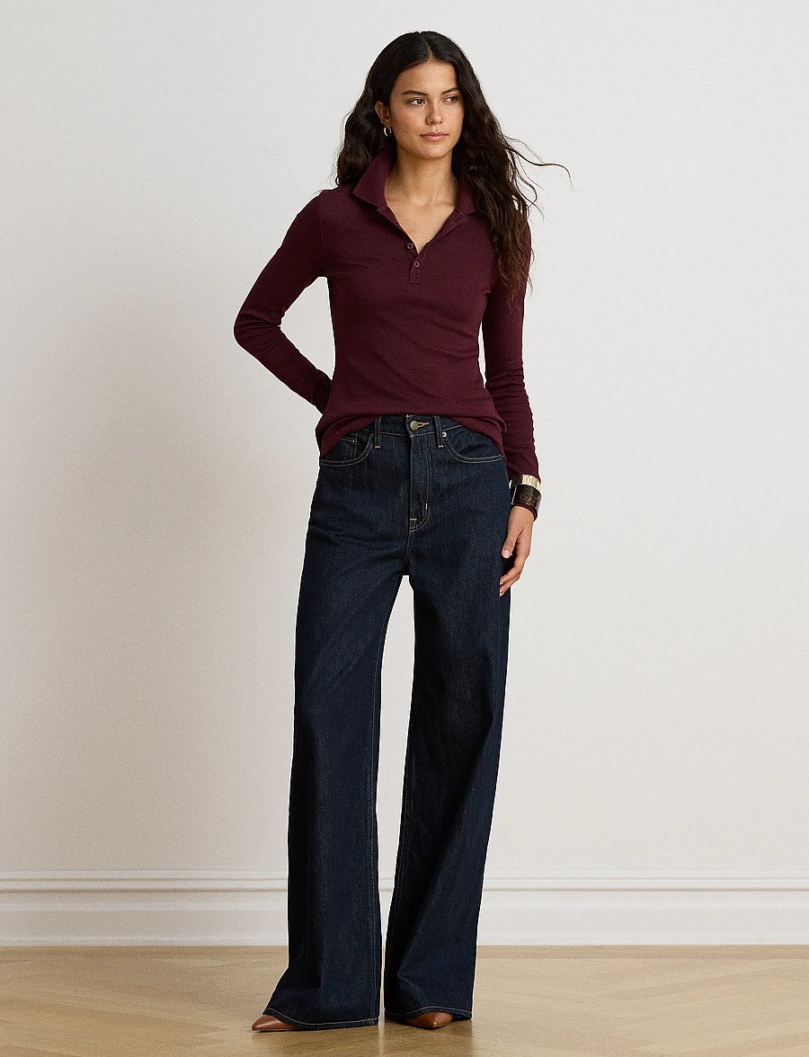 Lauren Ralph Lauren - Rib-Knit Long-Sleeve Polo Shirt - pikéer - dark garnet - 4