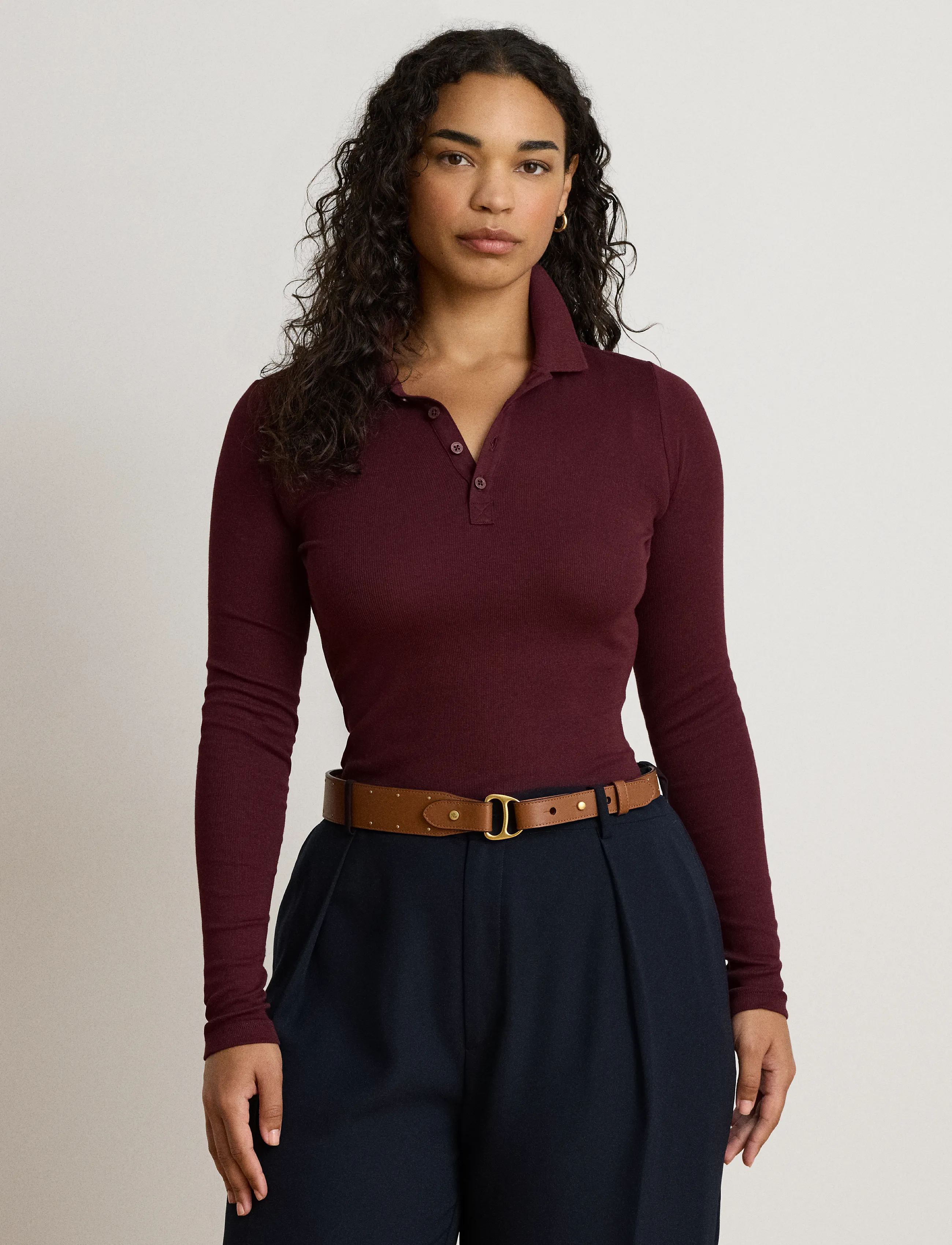 Lauren Ralph Lauren - Rib-Knit Long-Sleeve Polo Shirt - pikéer - dark garnet - 5