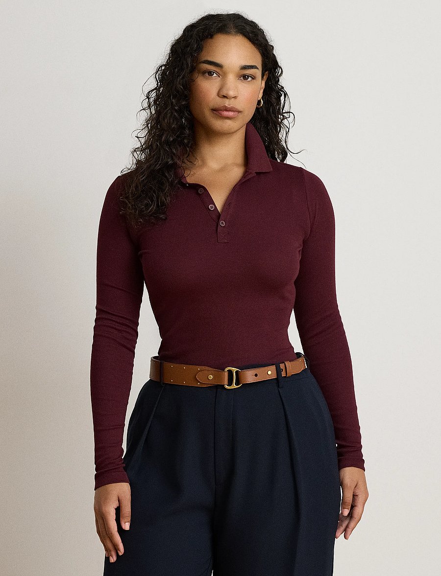 Lauren Ralph Lauren - Rib-Knit Long-Sleeve Polo Shirt - pikéer - dark garnet - 5