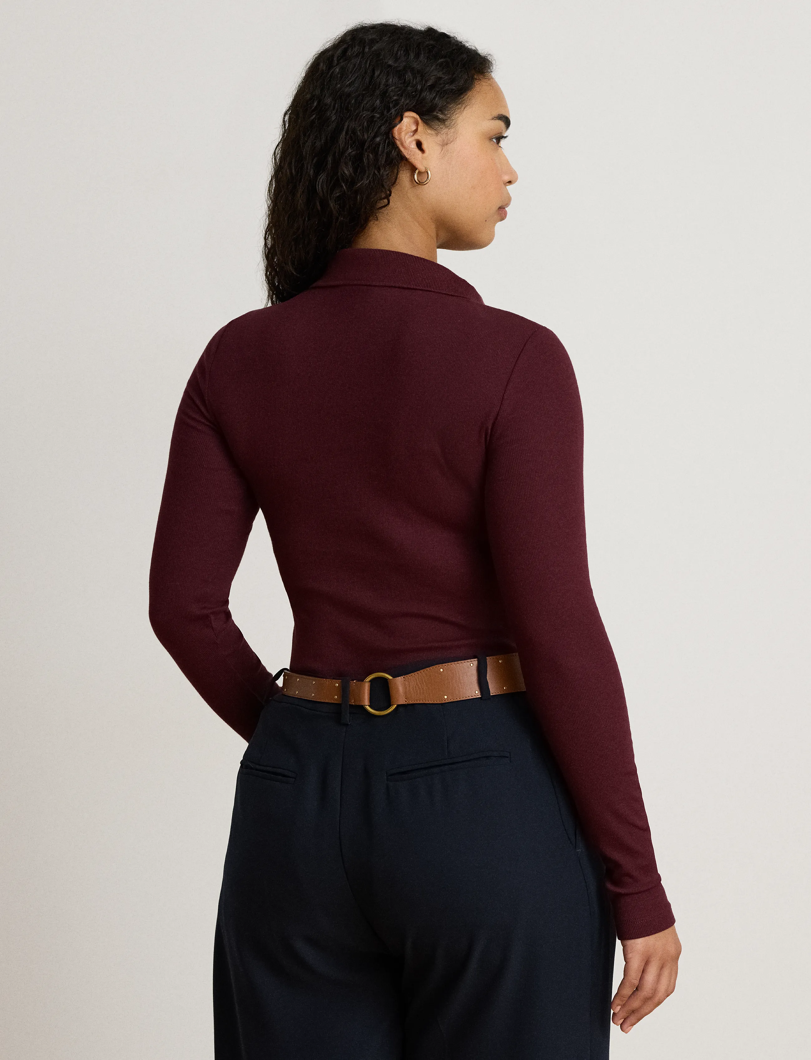 Lauren Ralph Lauren Rib-Knit Long-Sleeve Polo Shirt - Riided - DARK GARNET / burgundy