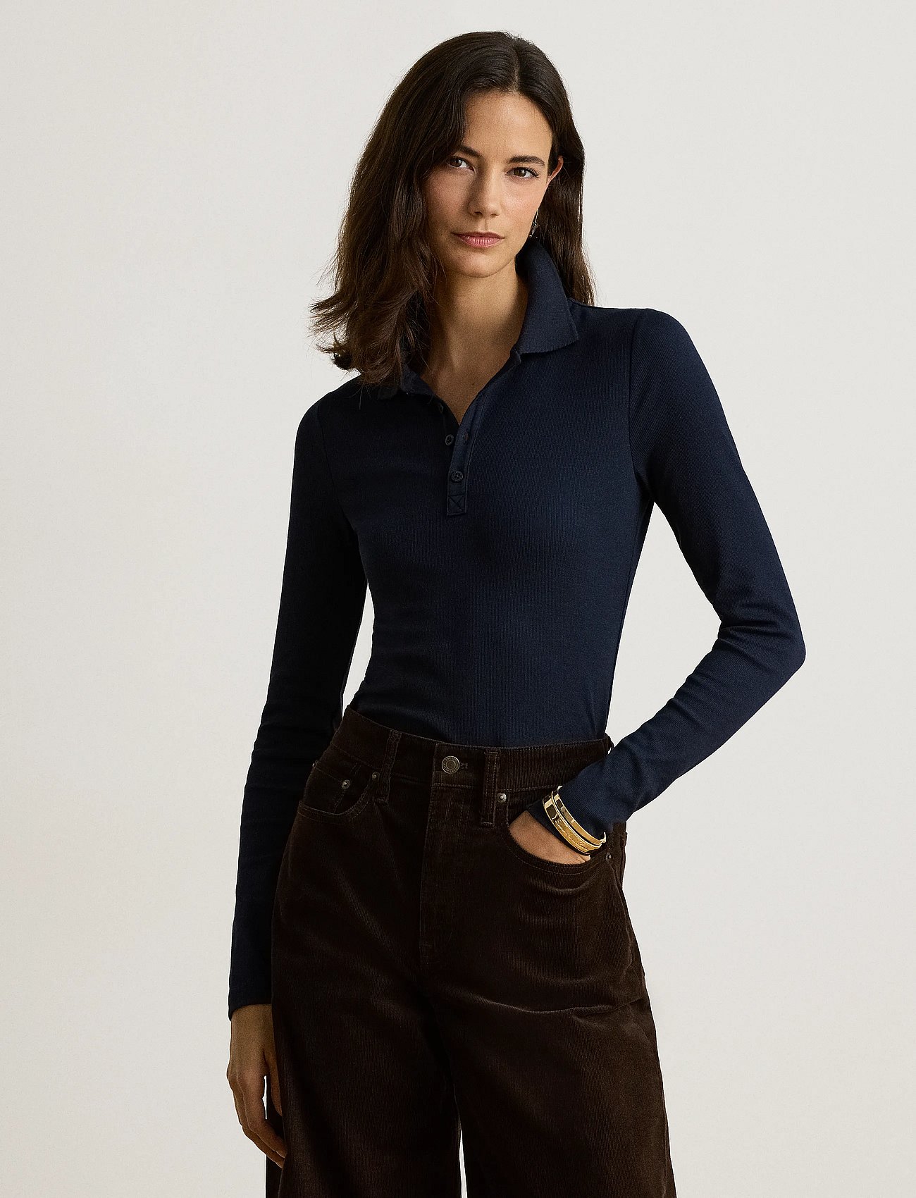 Rib-Knit Long-Sleeve Polo Shirt - LAUREN