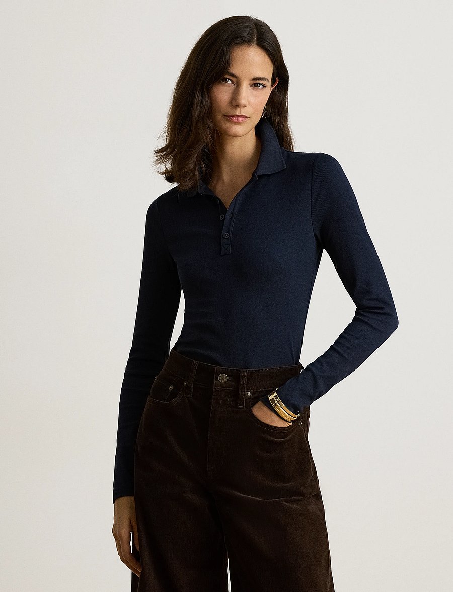 Lauren Ralph Lauren - Rib-Knit Long-Sleeve Polo Shirt - poloshirts - lauren navy - 0