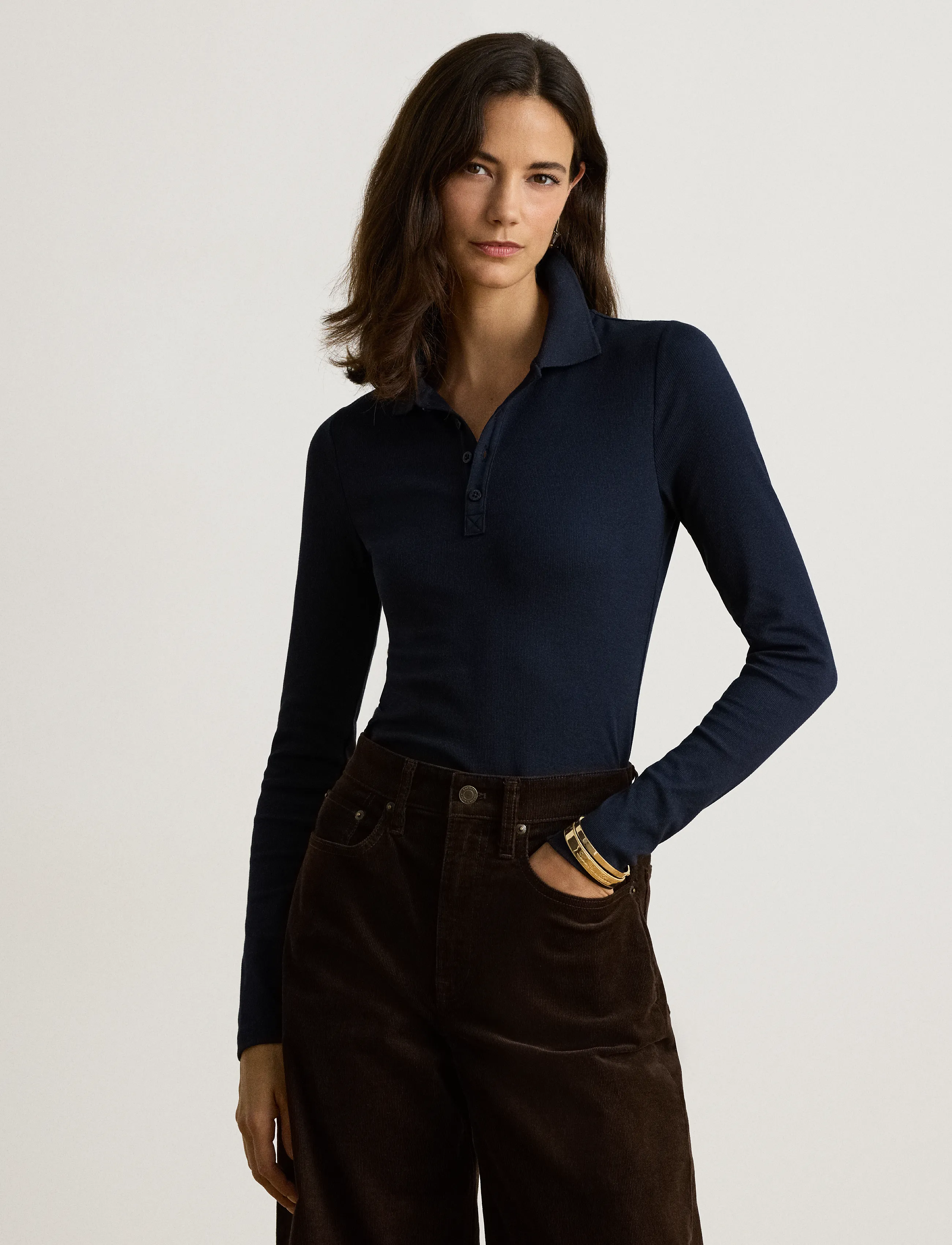 Rib-Knit Long-Sleeve Polo Shirt