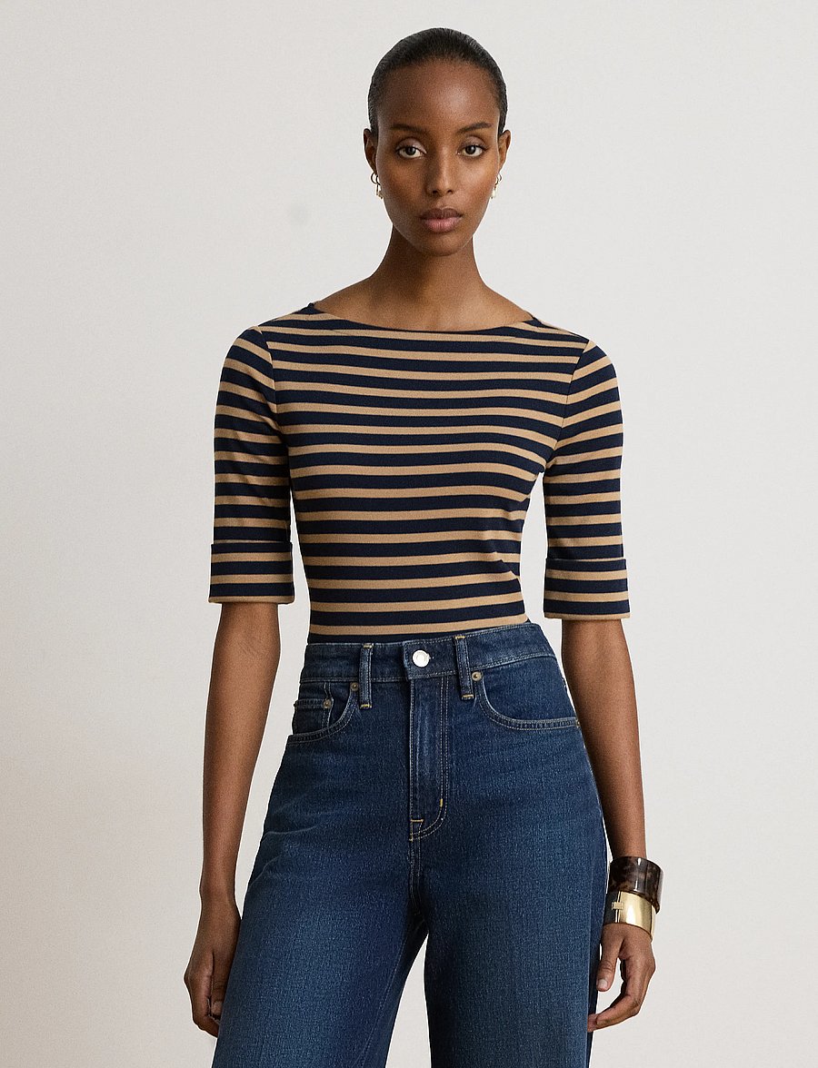 Lauren Ralph Lauren - Striped Stretch Cotton Boatneck Tee - t-särgid - lauren navy/laure - 0