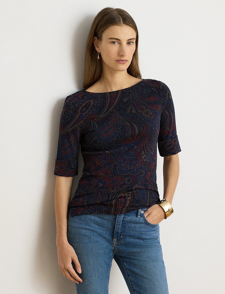 Lauren Ralph Lauren - Paisley Stretch Cotton Boatneck Tee - t-särgid - navy multi - 0