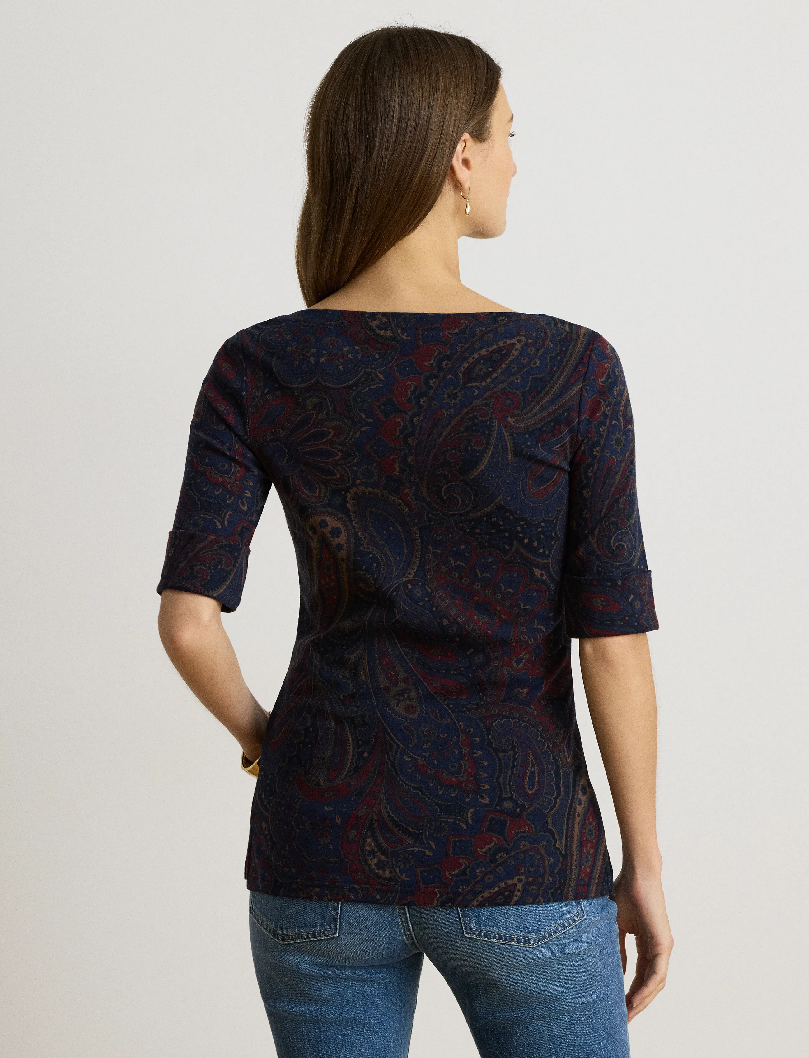 Lauren Ralph Lauren - Paisley Stretch Cotton Boatneck Tee - navy multi - 3