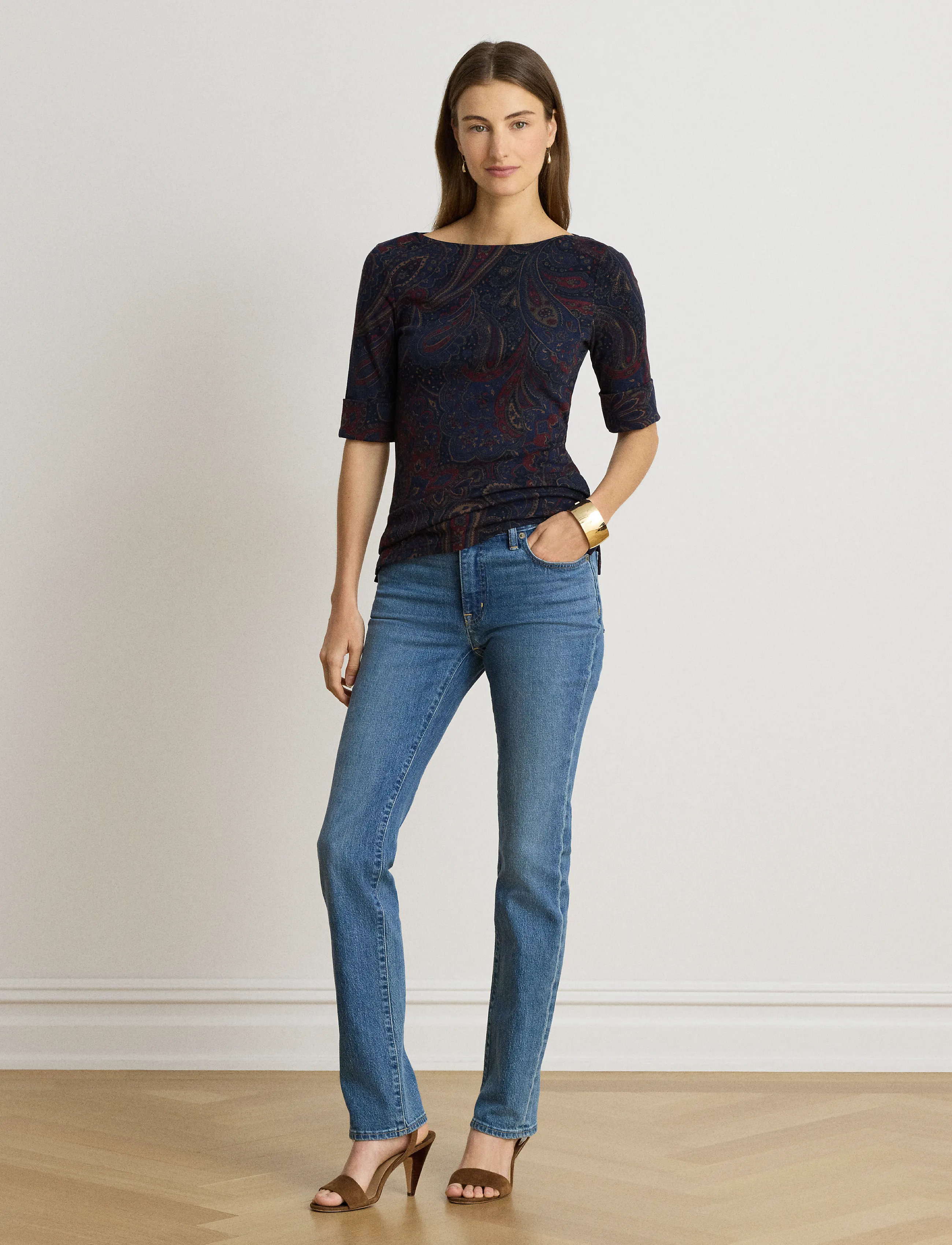 Lauren Ralph Lauren - Paisley Stretch Cotton Boatneck Tee - navy multi - 5