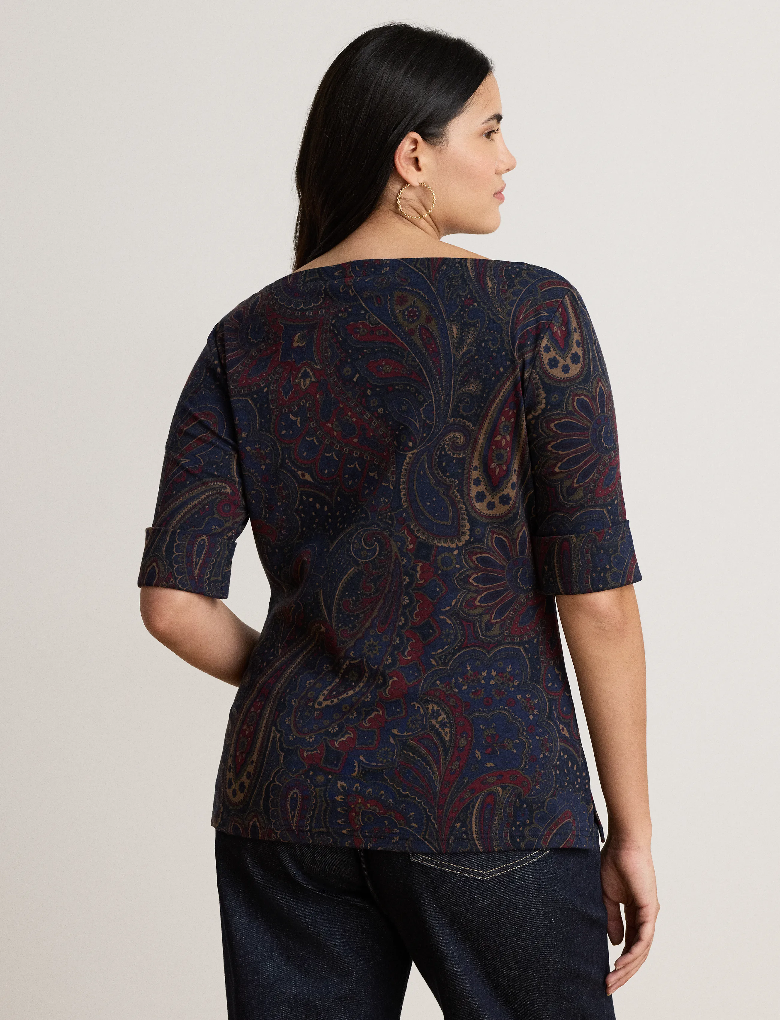 Lauren Ralph Lauren Paisley Stretch Cotton Boatneck Tee - Lauren Ralph Lauren - NAVY MULTI / navy