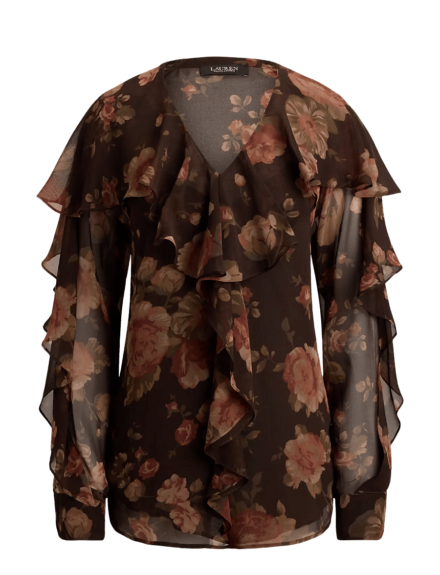 Lauren Ralph Lauren - Floral Ruffle-Trim Chiffon V-Neck Blouse - pikkade varrukatega pluusid - brown multi - 1