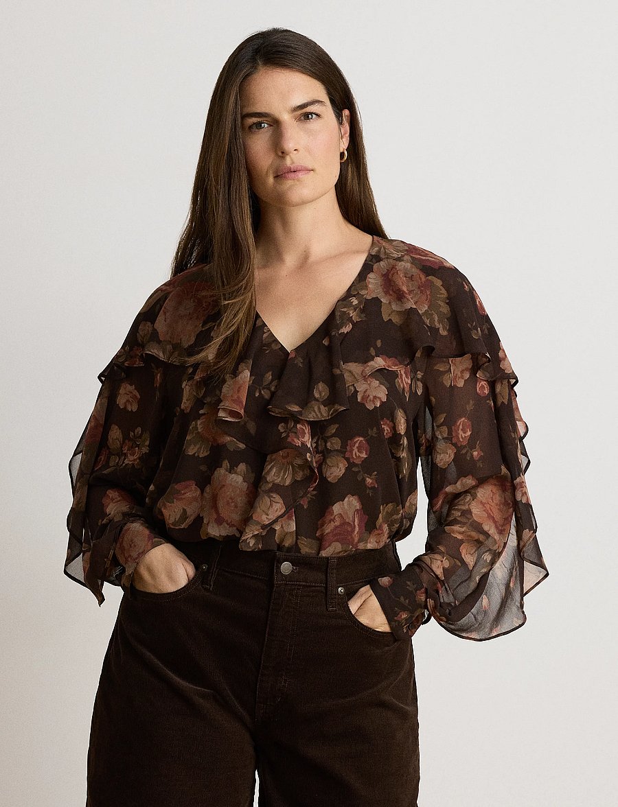 Lauren Ralph Lauren - Floral Ruffle-Trim Chiffon V-Neck Blouse - pikkade varrukatega pluusid - brown multi - 3