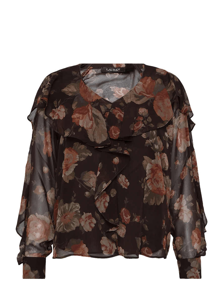 Lauren Ralph Lauren - Floral Ruffle-Trim Chiffon V-Neck Blouse - langärmelige blusen - brown multi - 3