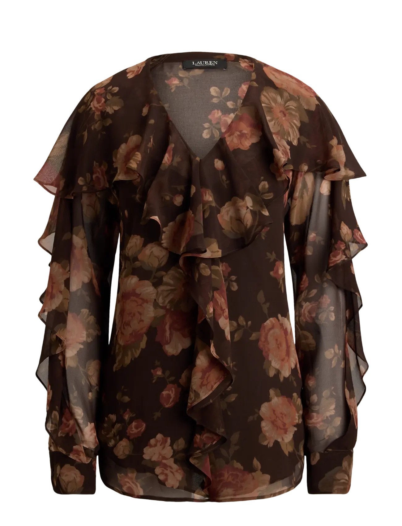 Lauren Ralph Lauren - Floral Ruffle-Trim Chiffon V-Neck Blouse - langärmelige blusen - brown multi - 1