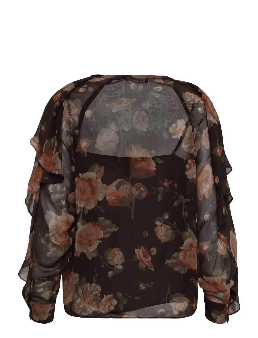 Lauren Ralph Lauren - Floral Ruffle-Trim Chiffon V-Neck Blouse - langärmelige blusen - brown multi - 4
