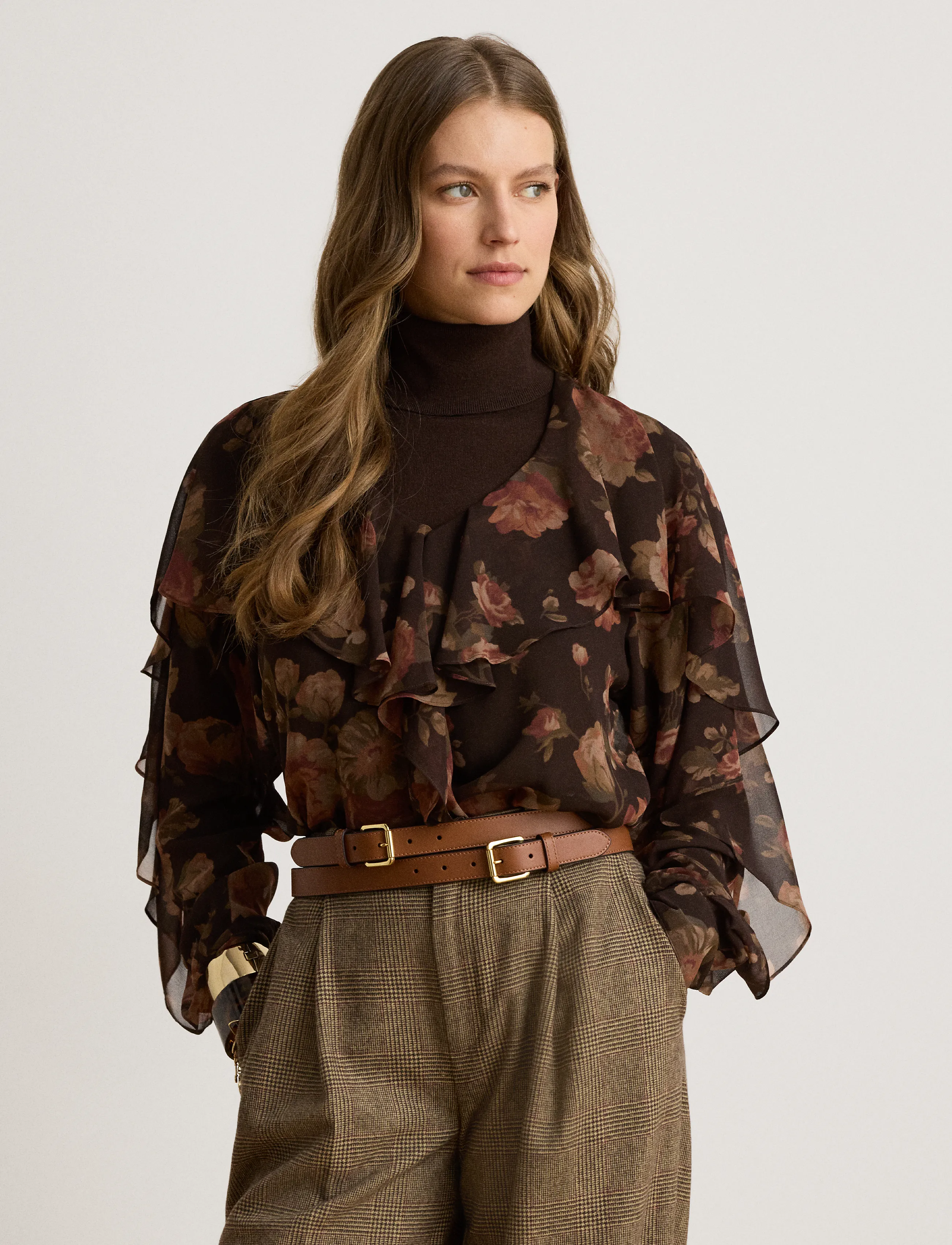 Lauren Ralph Lauren Floral Ruffle-Trim Chiffon V-Neck Blouse - Blusen - BROWN MULTI / brown