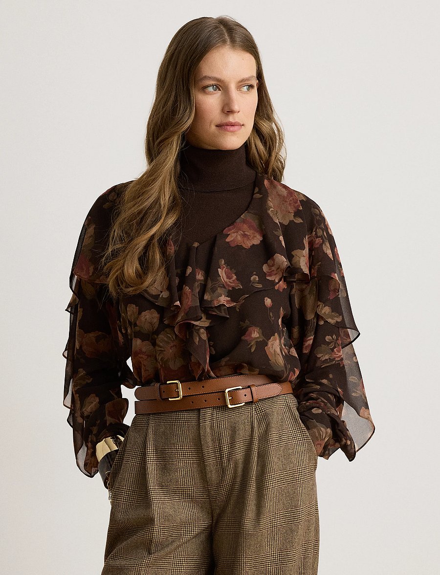 Lauren Ralph Lauren - Floral Ruffle-Trim Chiffon V-Neck Blouse - langärmelige blusen - brown multi - 0