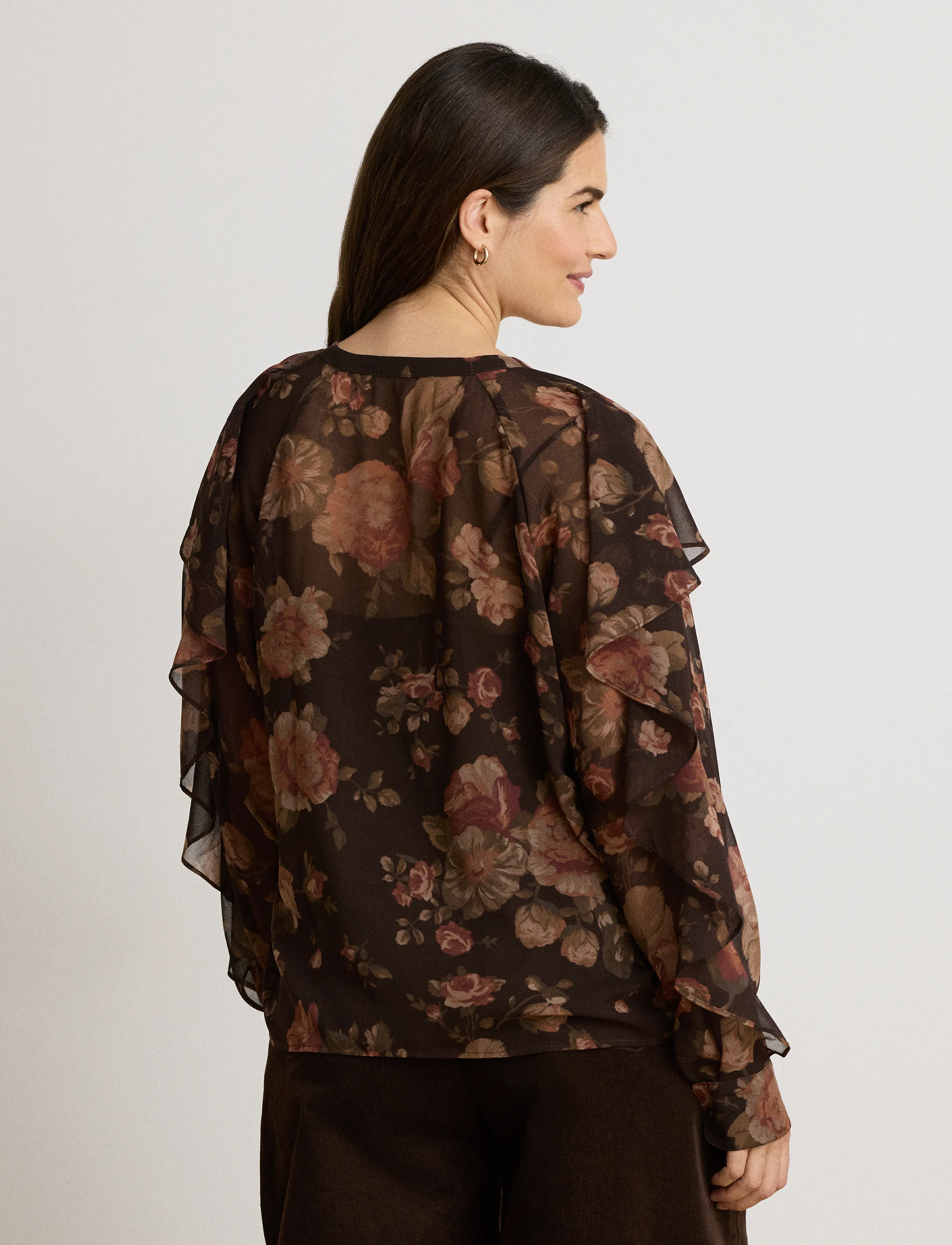 Lauren Ralph Lauren - Floral Ruffle-Trim Chiffon V-Neck Blouse - langärmelige blusen - brown multi - 2