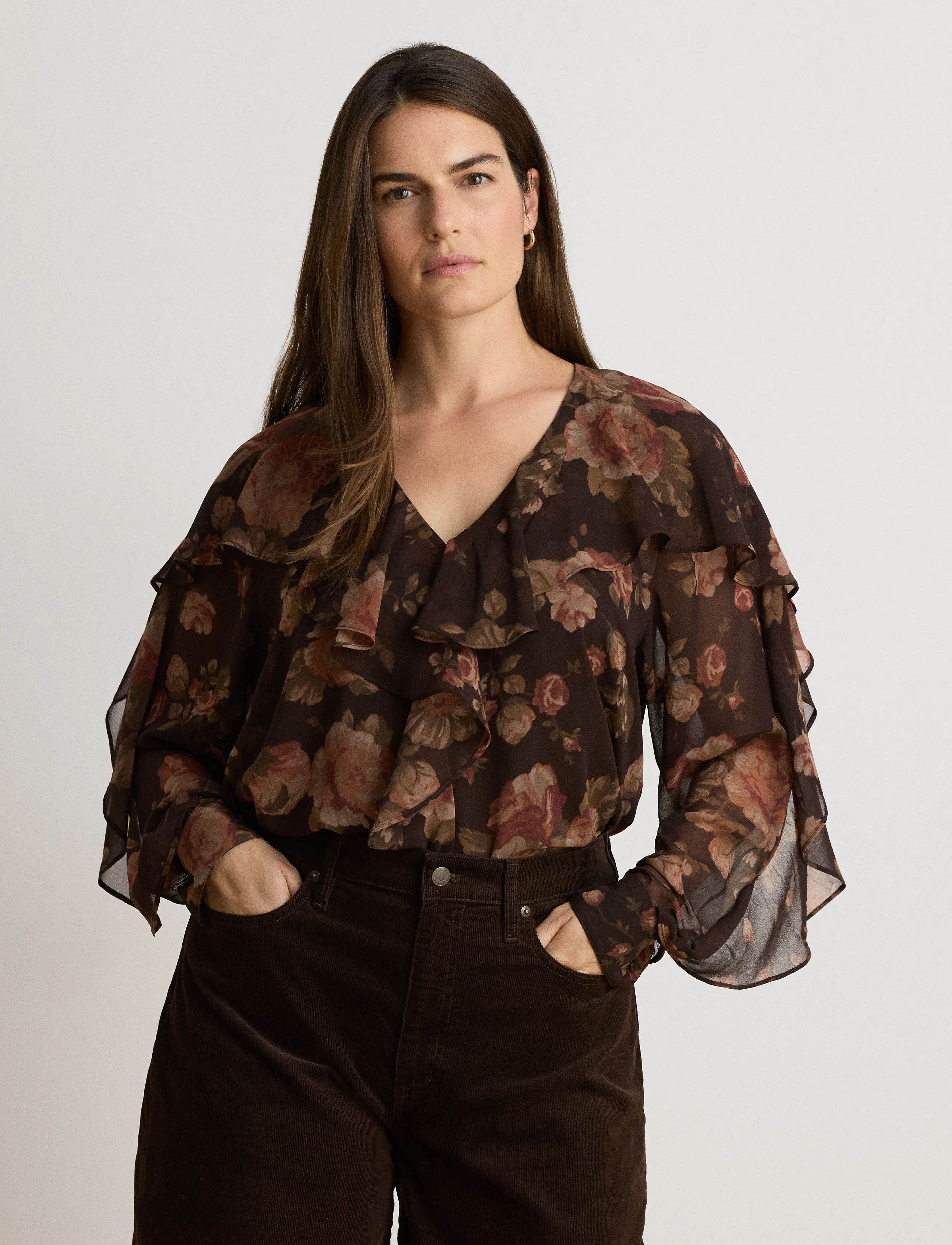 Lauren Ralph Lauren - Floral Ruffle-Trim Chiffon V-Neck Blouse - langärmelige blusen - brown multi - 3