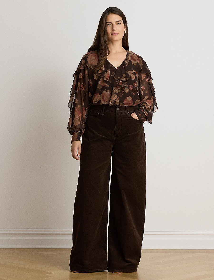 Lauren Ralph Lauren - Floral Ruffle-Trim Chiffon V-Neck Blouse - langärmelige blusen - brown multi - 4