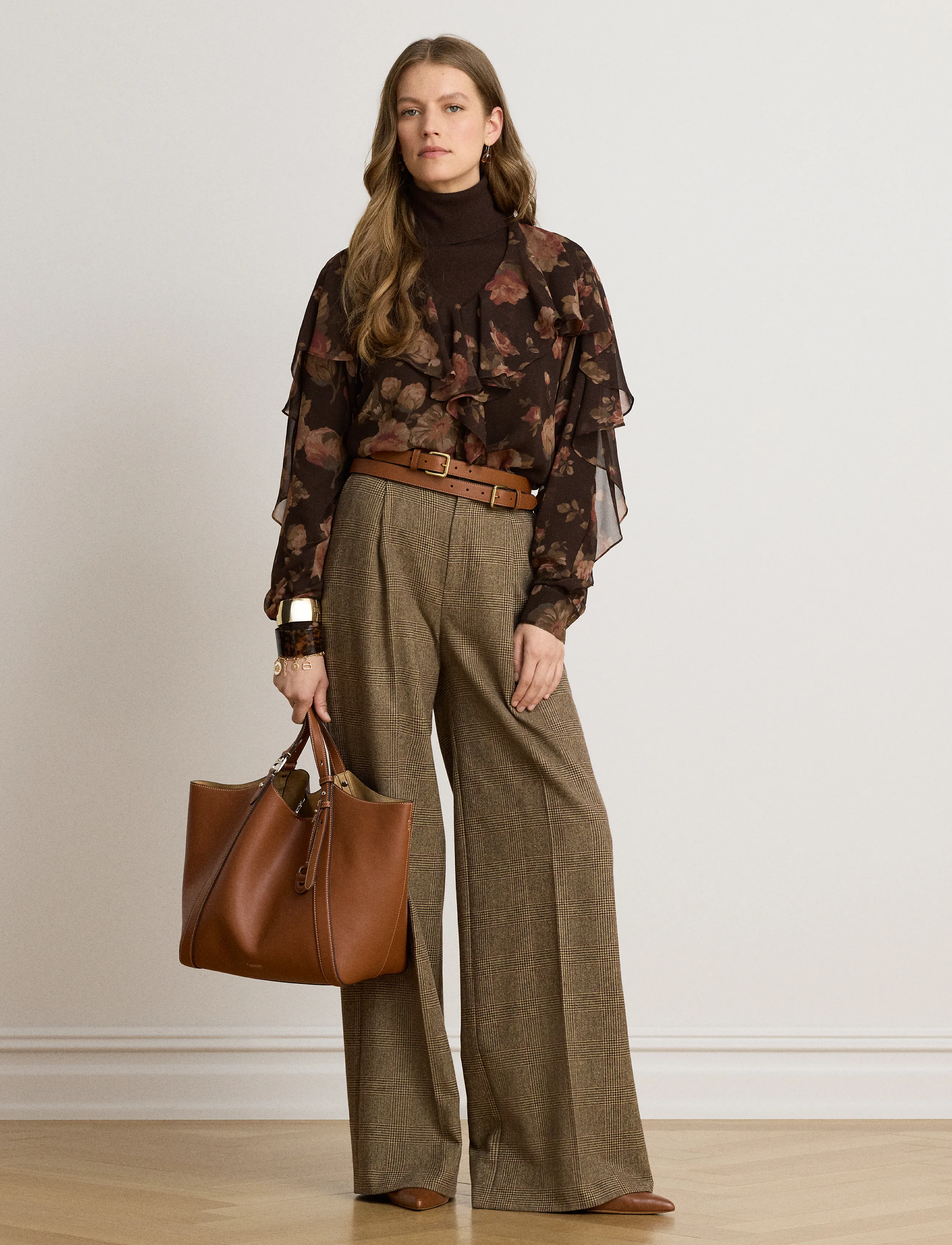 Lauren Ralph Lauren - Floral Ruffle-Trim Chiffon V-Neck Blouse - langärmelige blusen - brown multi - 5