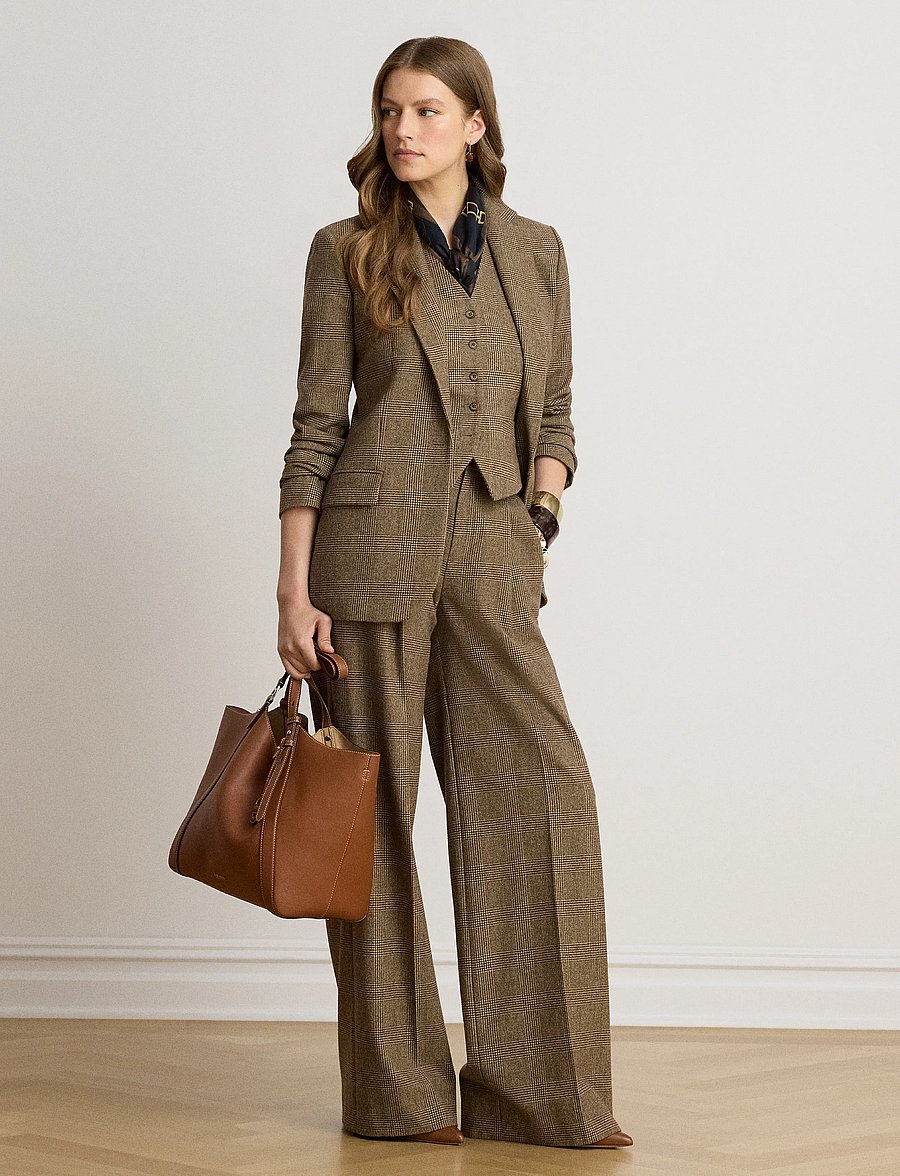 Lauren Ralph Lauren - Glen Plaid Brushed Wool Wide-Leg Pant - hosen mit weitem bein - brown/tan multi - 0