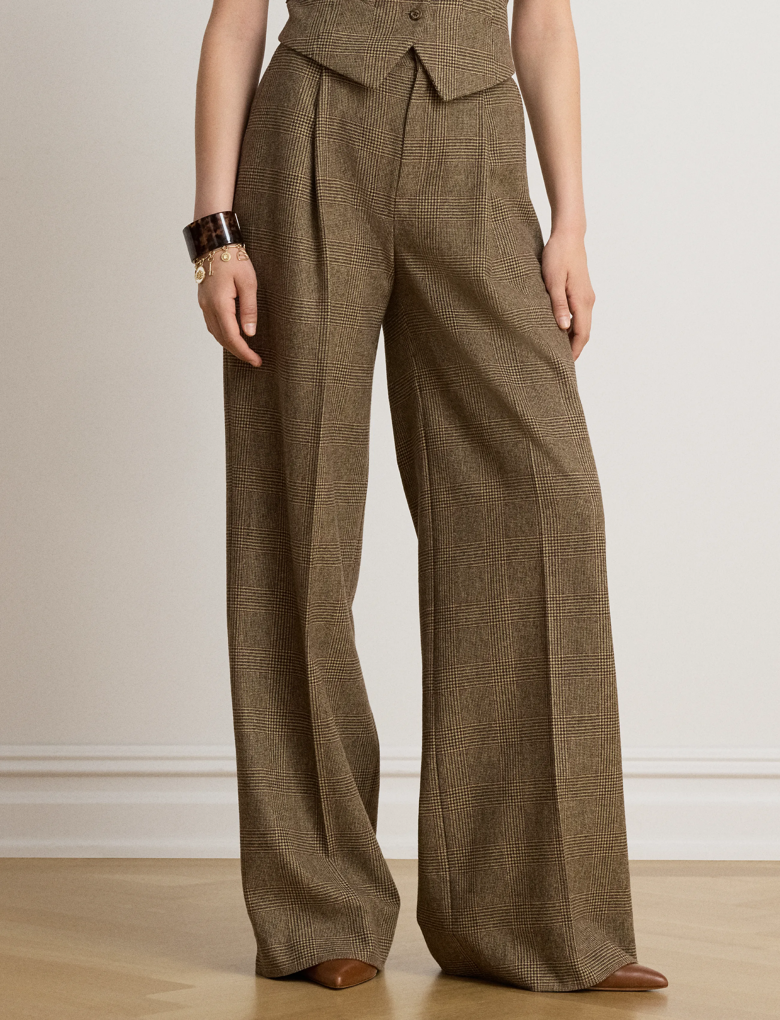 Lauren Ralph Lauren - Glen Plaid Brushed Wool Wide-Leg Pant - brown/tan multi - 4