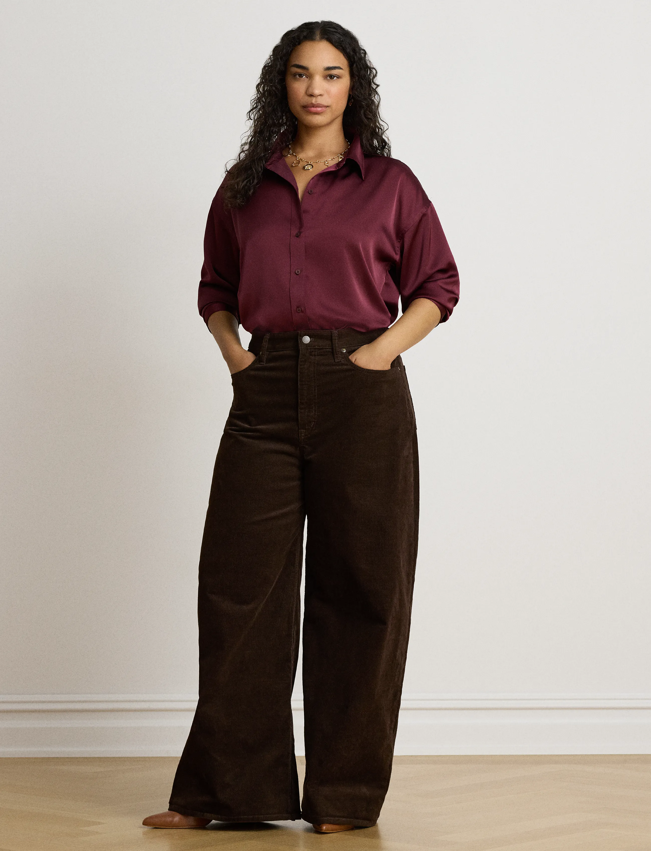 Lauren Ralph Lauren - Relaxed Fit Satin Charmeuse Shirt - pikkade varrukatega särgid - dark garnet - 4