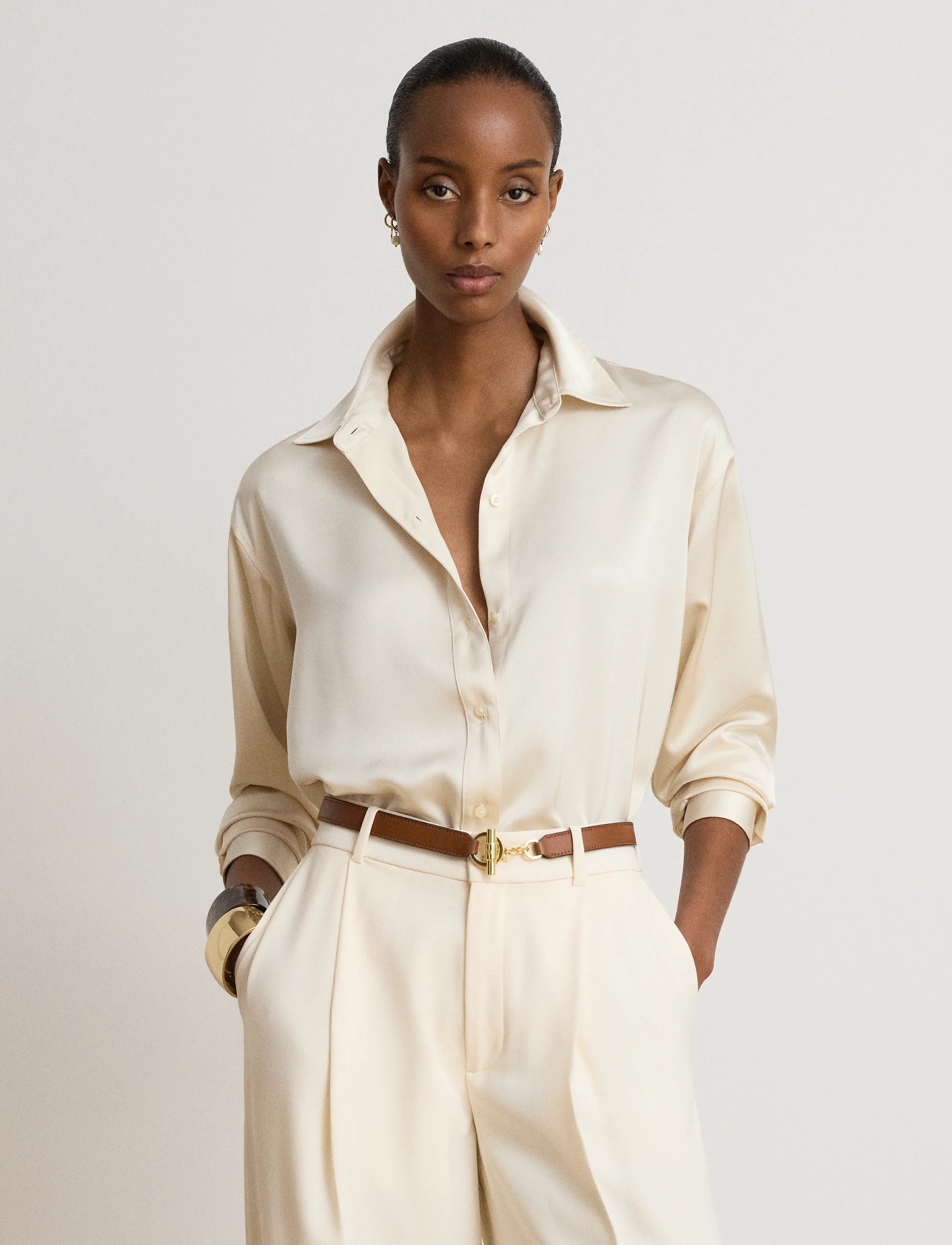 Lauren Ralph Lauren - Relaxed Fit Satin Charmeuse Shirt - långärmade skjortor - mascarpone cream - 4