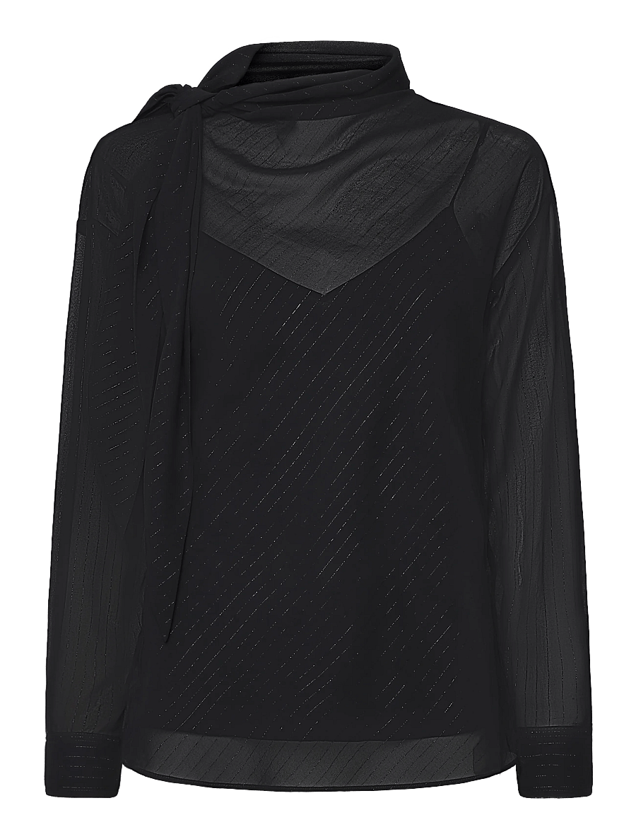 Lauren Ralph Lauren - Metallic-Striped Tie-Neck Blouse - långärmade blusar - black metallic - 1
