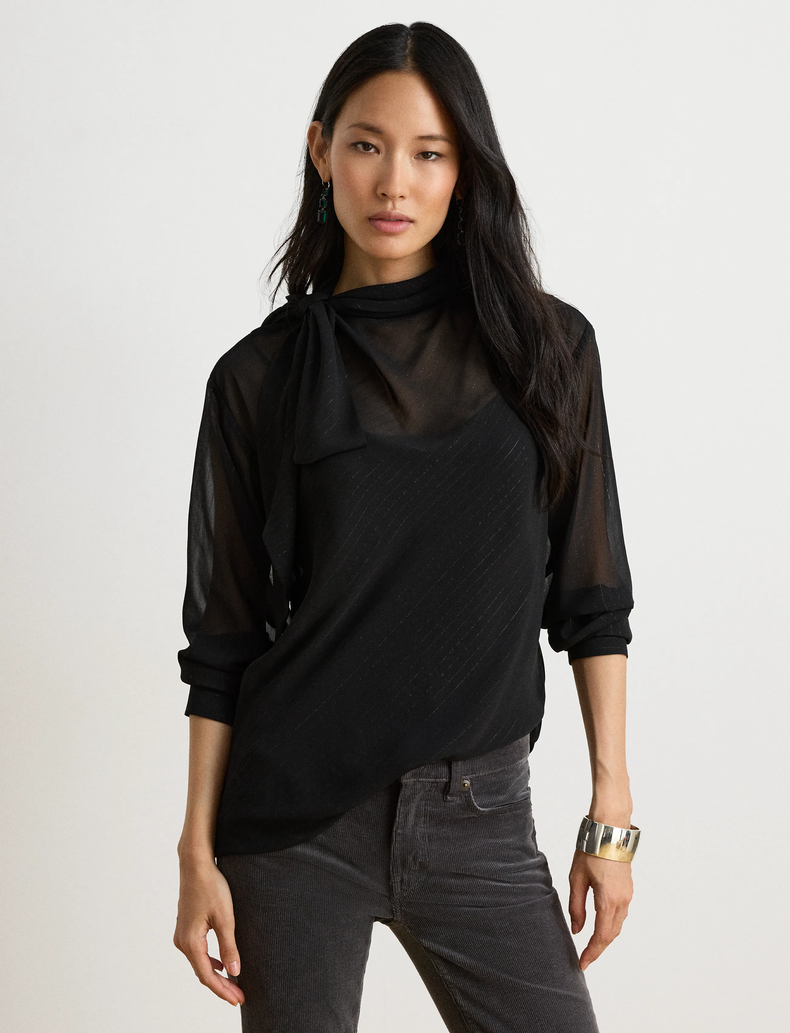 Lauren Ralph Lauren - Metallic-Striped Tie-Neck Blouse - black metallic - 4