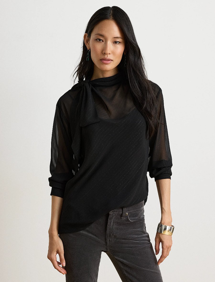 Lauren Ralph Lauren - Metallic-Striped Tie-Neck Blouse - långärmade blusar - black metallic - 5