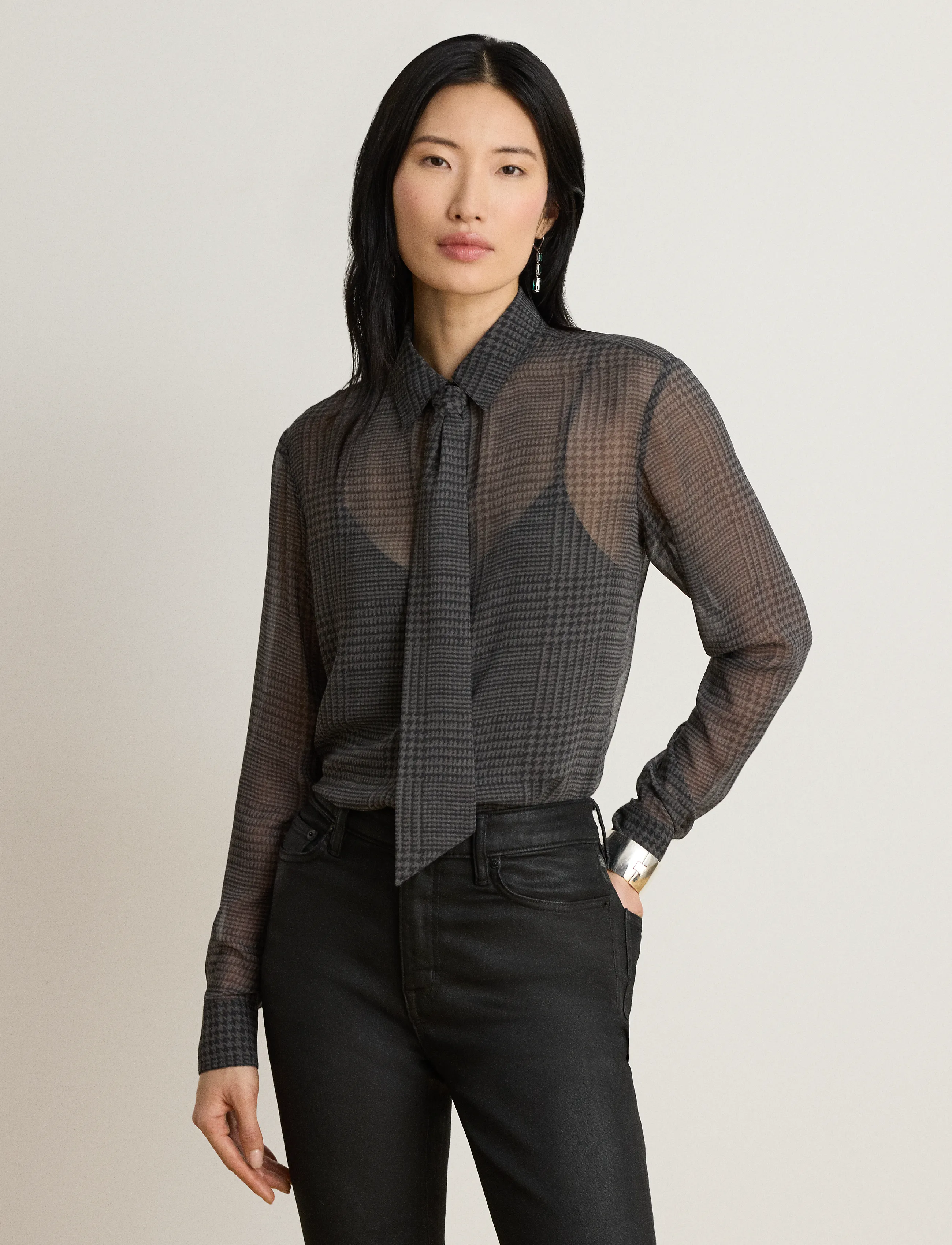 Lauren Ralph Lauren - Classic Fit Glen Plaid Tie-Neck Shirt - grey/black - 3
