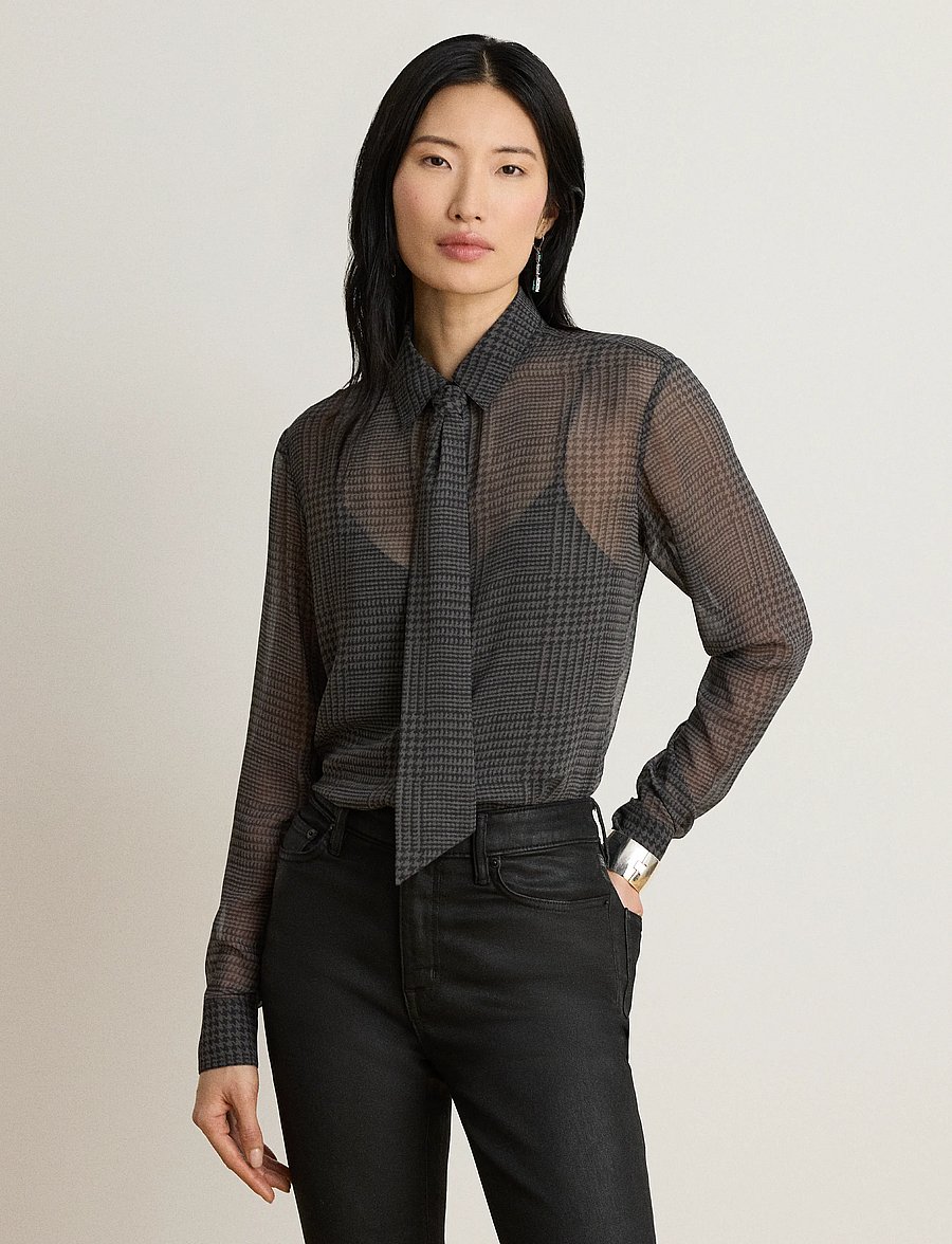 Lauren Ralph Lauren - Classic Fit Glen Plaid Tie-Neck Shirt - pikkade varrukatega särgid - grey/black - 3