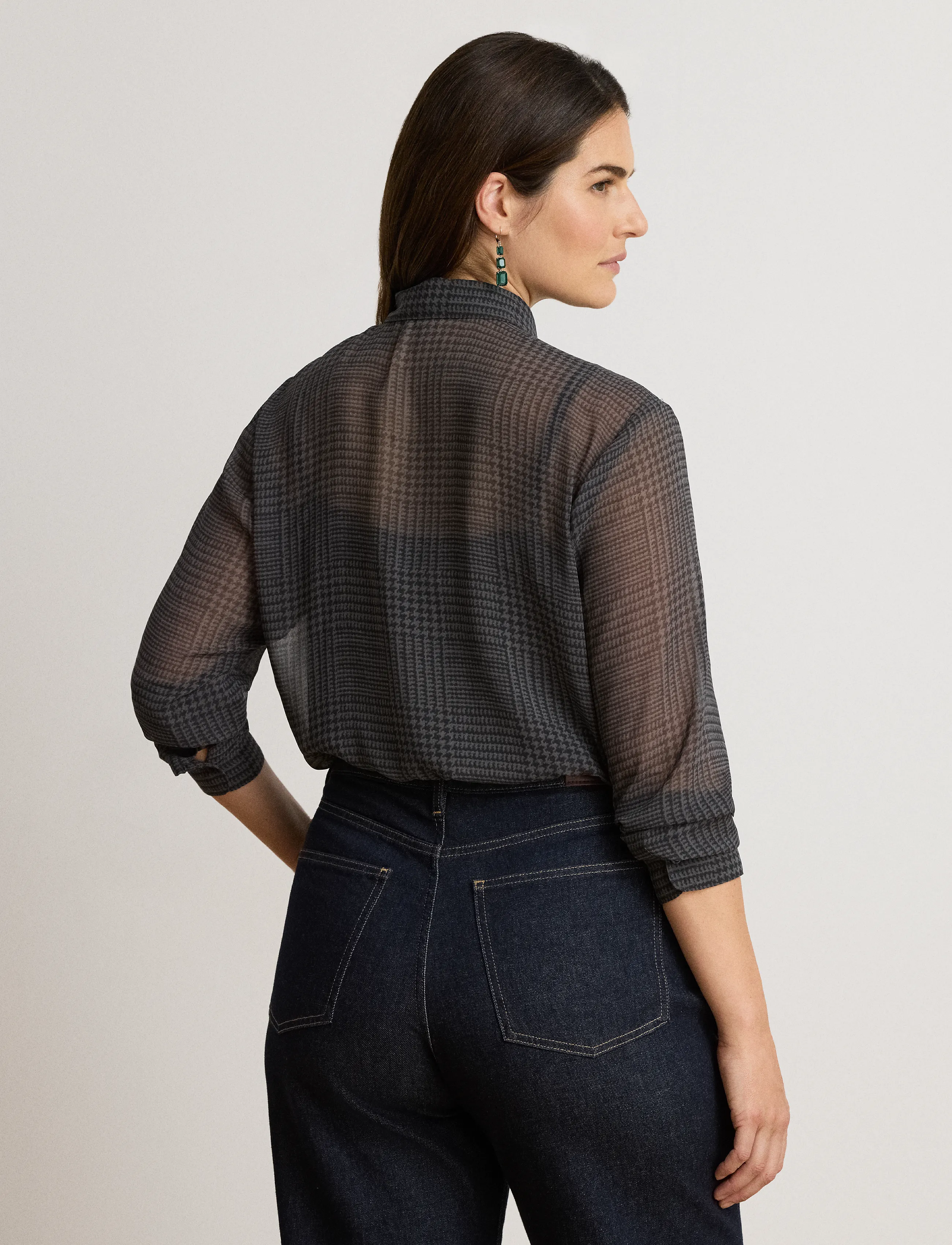 Lauren Ralph Lauren Classic Fit Glen Plaid Tie-Neck Shirt - Lauren Ralph Lauren - GREY/BLACK / grey