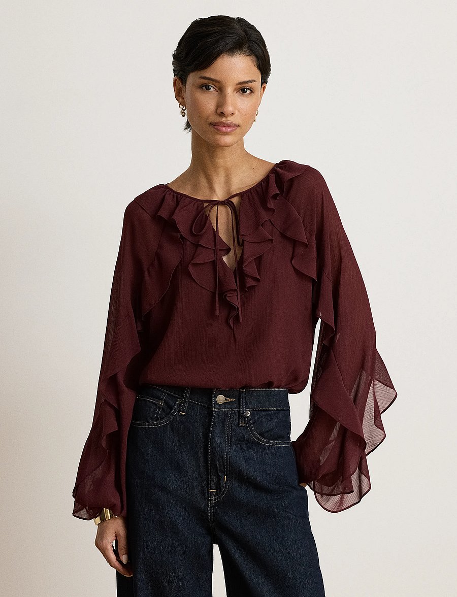 Lauren Ralph Lauren - POLY CRINKLE GGT 58-WVN-SHIRT - langærmede bluser - dark garnet - 0
