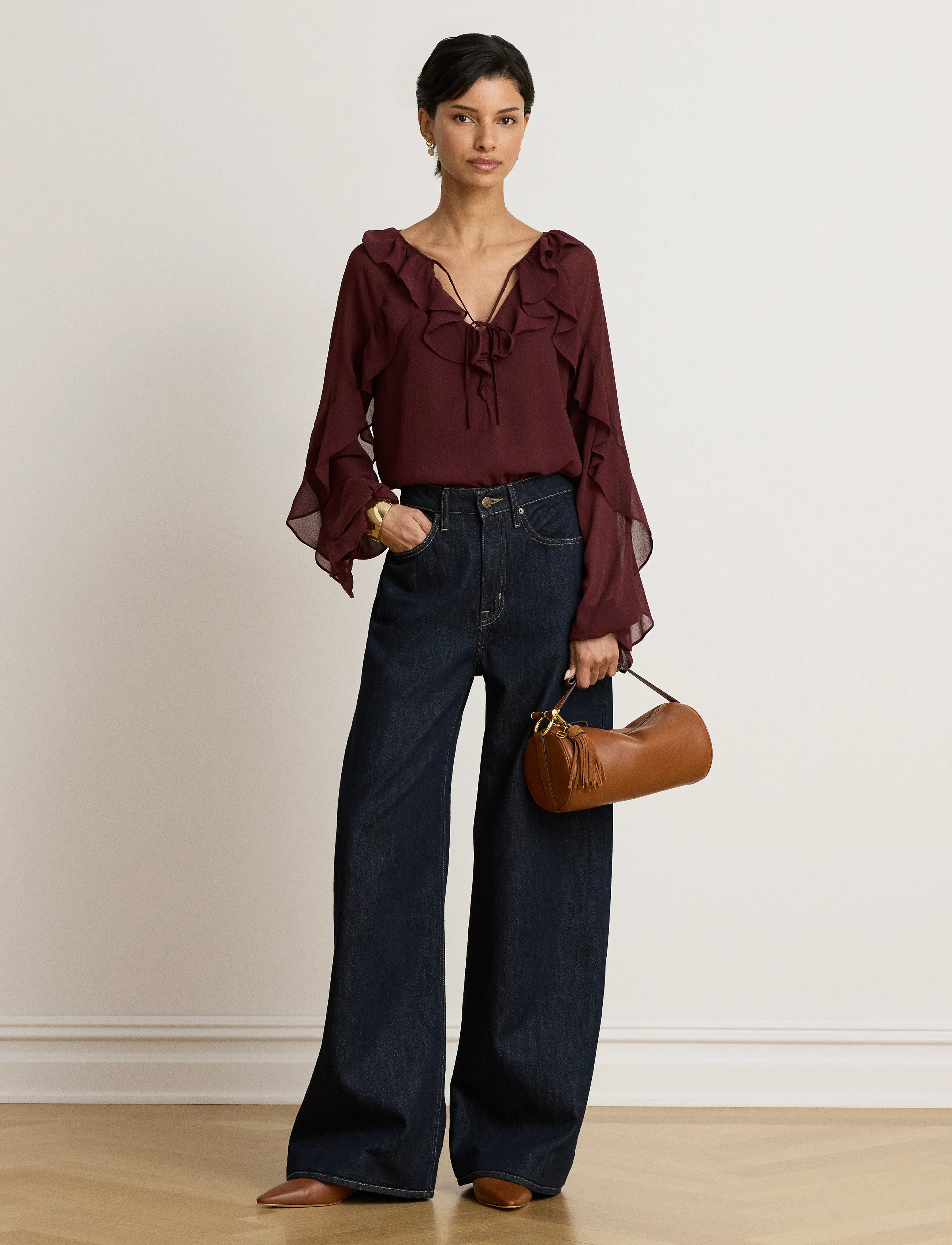 Lauren Ralph Lauren - POLY CRINKLE GGT 58-WVN-SHIRT - langærmede bluser - dark garnet - 4