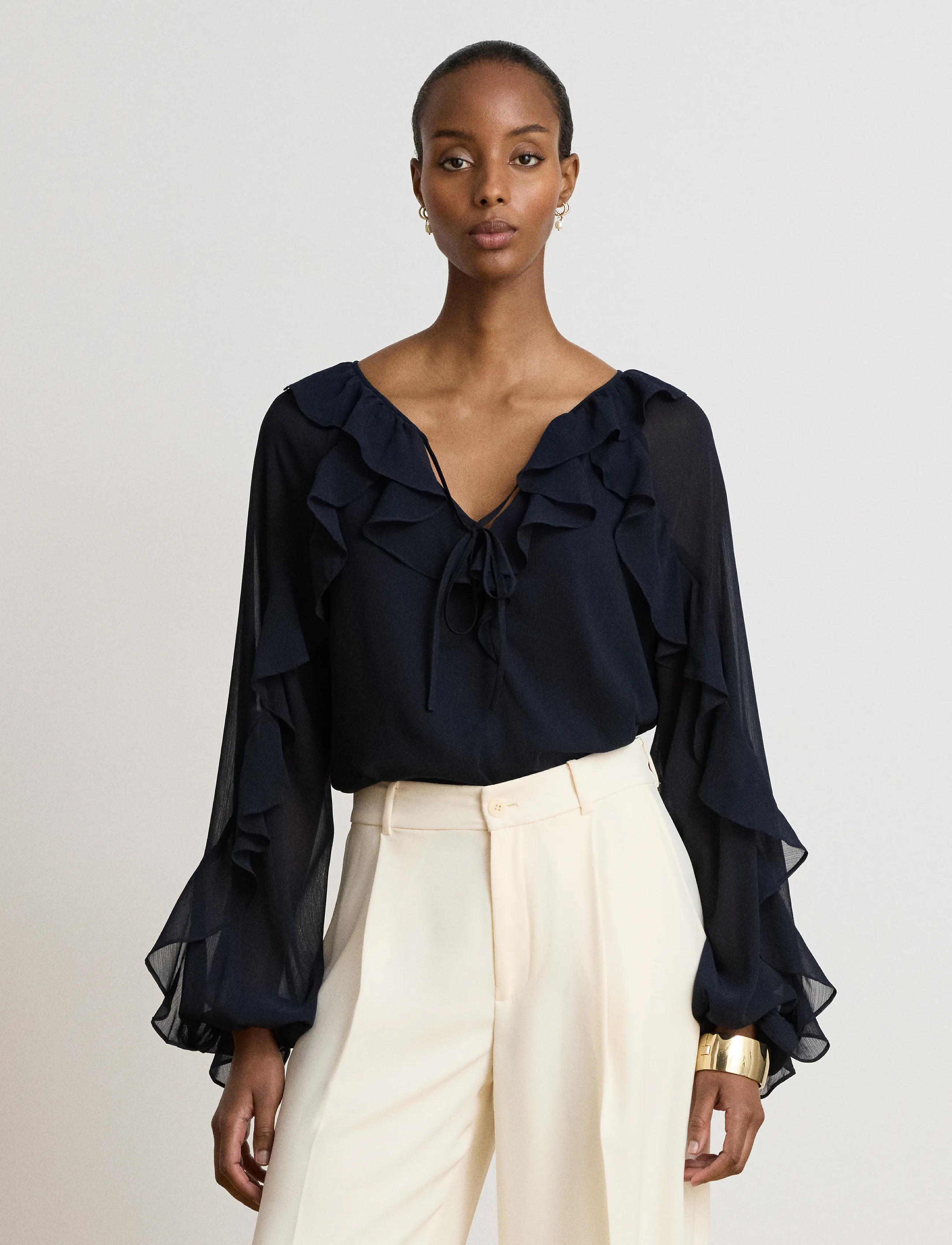 Lauren Ralph Lauren - POLY CRINKLE GGT 58-WVN-SHIRT - long sleeved blouses - lauren navy - 0