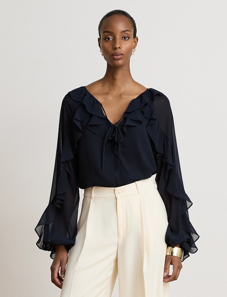 Lauren Ralph Lauren - POLY CRINKLE GGT 58-WVN-SHIRT - langärmelige blusen - lauren navy - 0