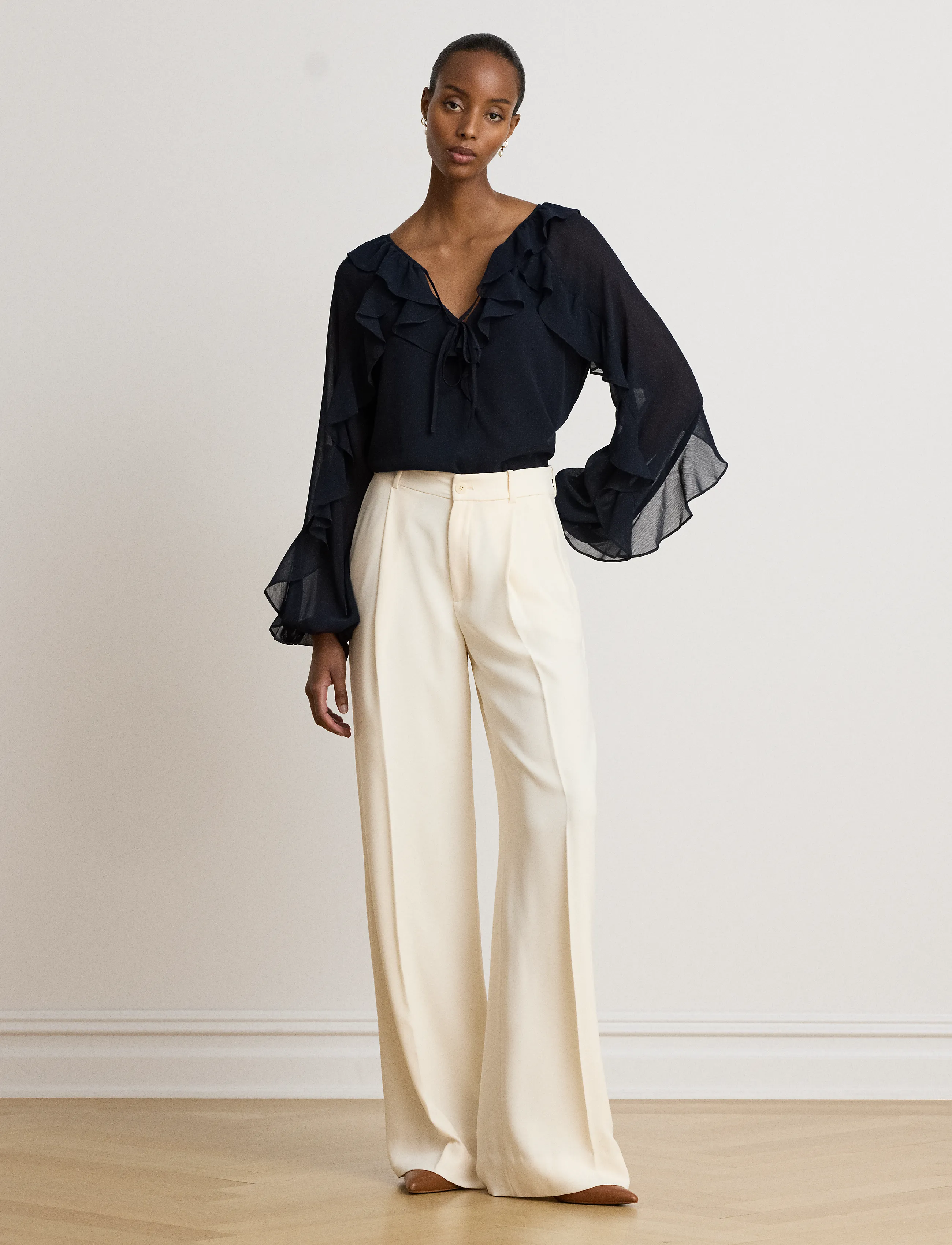 Lauren Ralph Lauren - POLY CRINKLE GGT 58-WVN-SHIRT - long sleeved blouses - lauren navy - 4