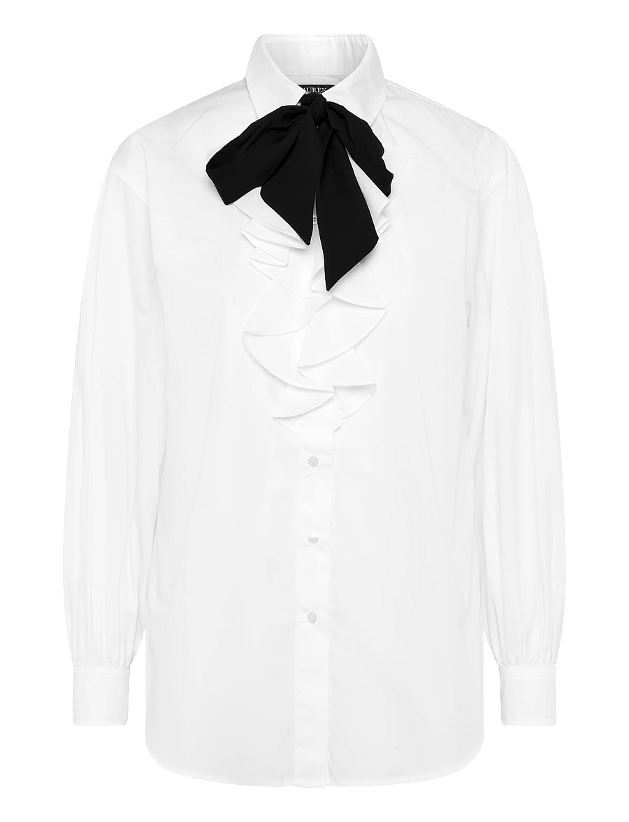 Lauren Ralph Lauren - Ruffle-Trim Broadcloth Tie-Neck Shirt - langärmlige hemden - white - 0
