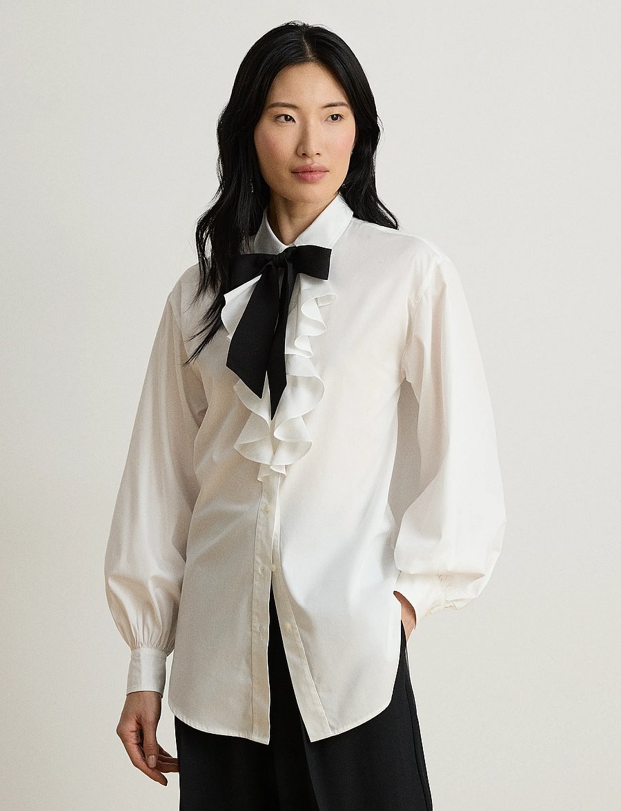 Lauren Ralph Lauren - Ruffle-Trim Broadcloth Tie-Neck Shirt - langærmede skjorter - white - 1