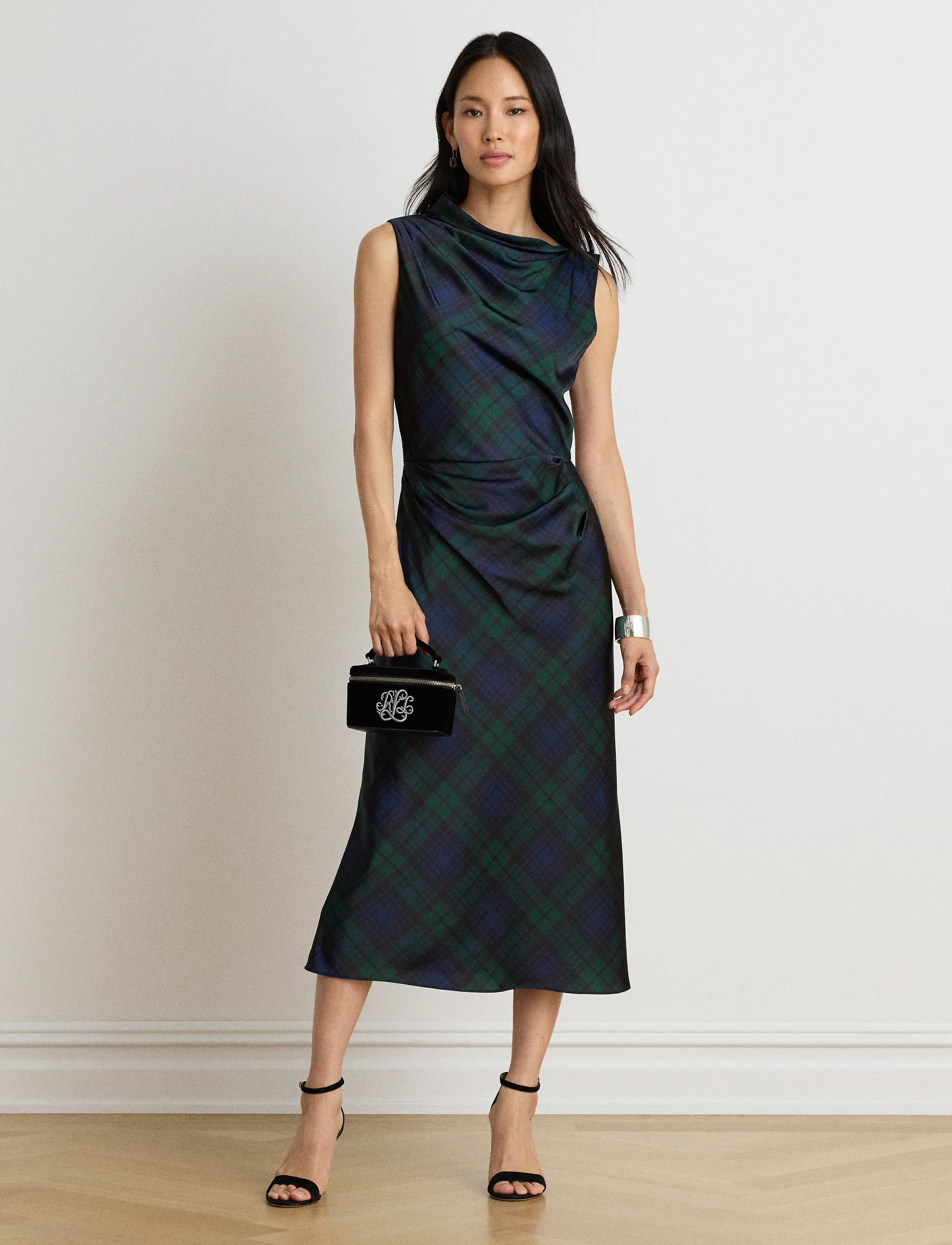 Lauren Ralph Lauren Black Watch Satin Charmeuse Dress - Ralph Lauren - NAVY/GREEN/BLACK / navy