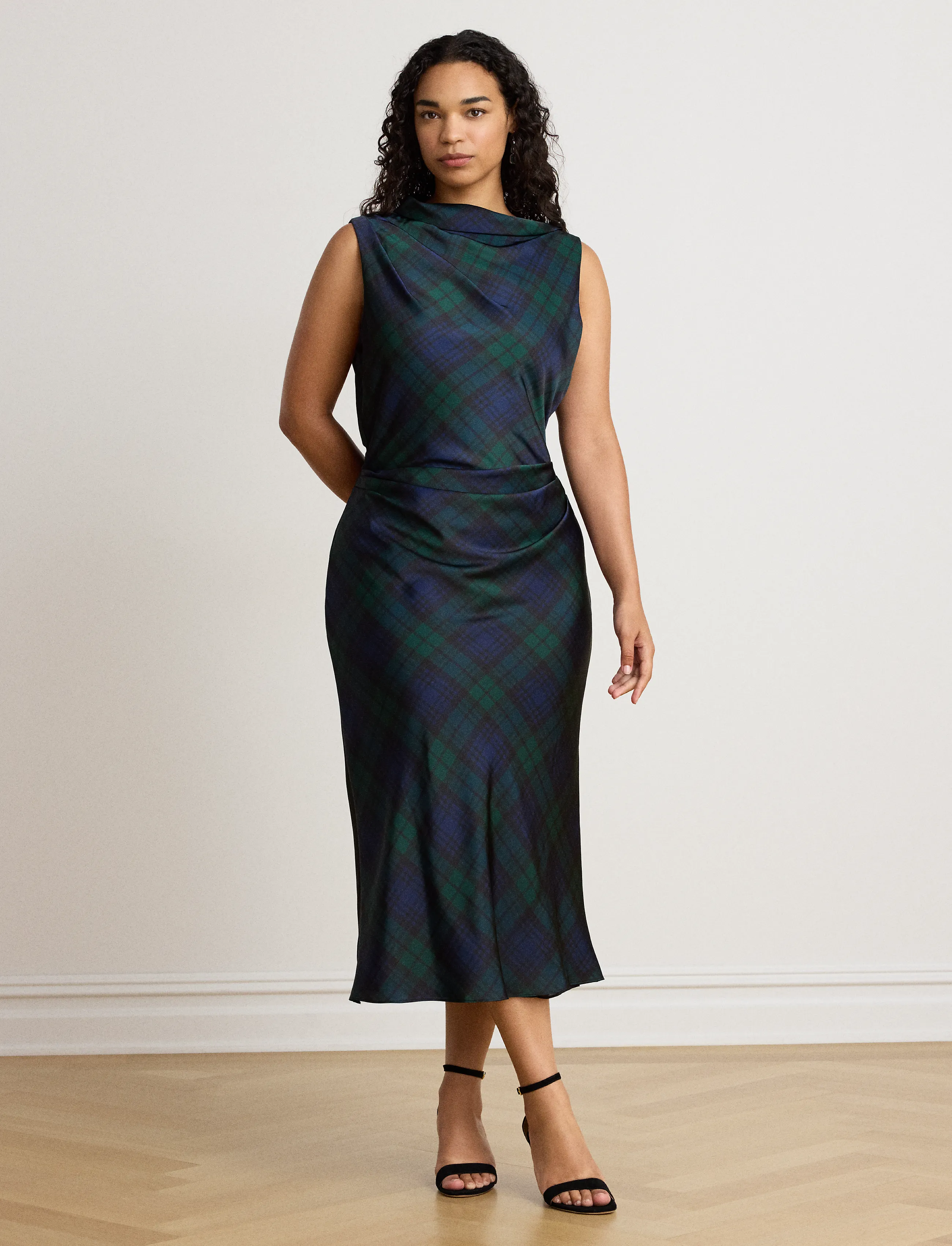 Lauren Ralph Lauren - Black Watch Satin Charmeuse Dress - navy/green/black - 4
