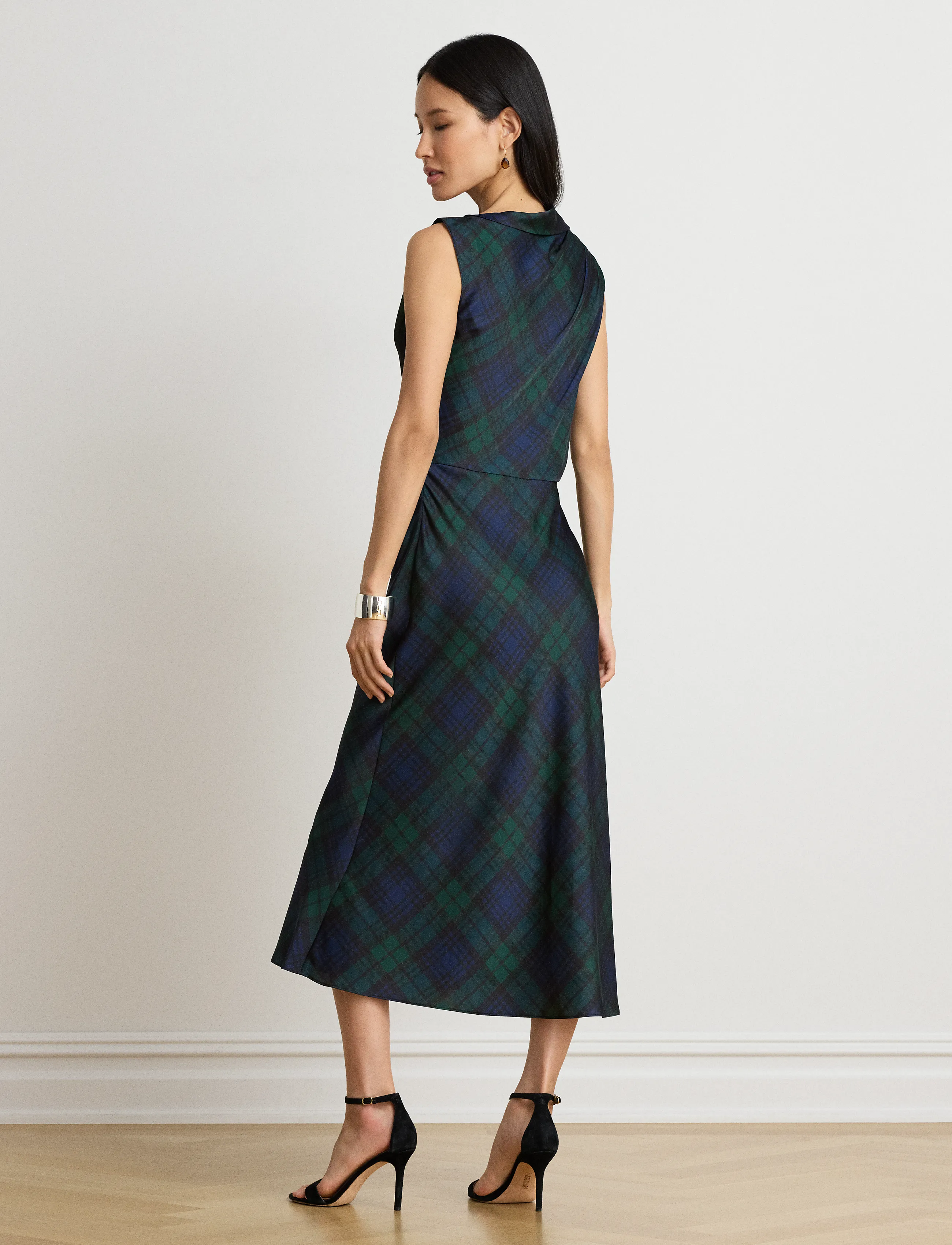 Lauren Ralph Lauren - Black Watch Satin Charmeuse Dress - navy/green/black - 5