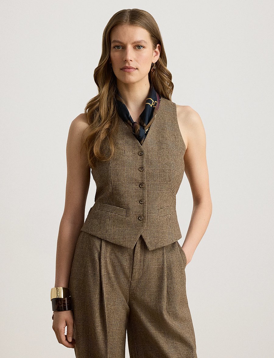 Lauren Ralph Lauren - Glen Plaid Wool Twill Vest - brown/tan multi - 0