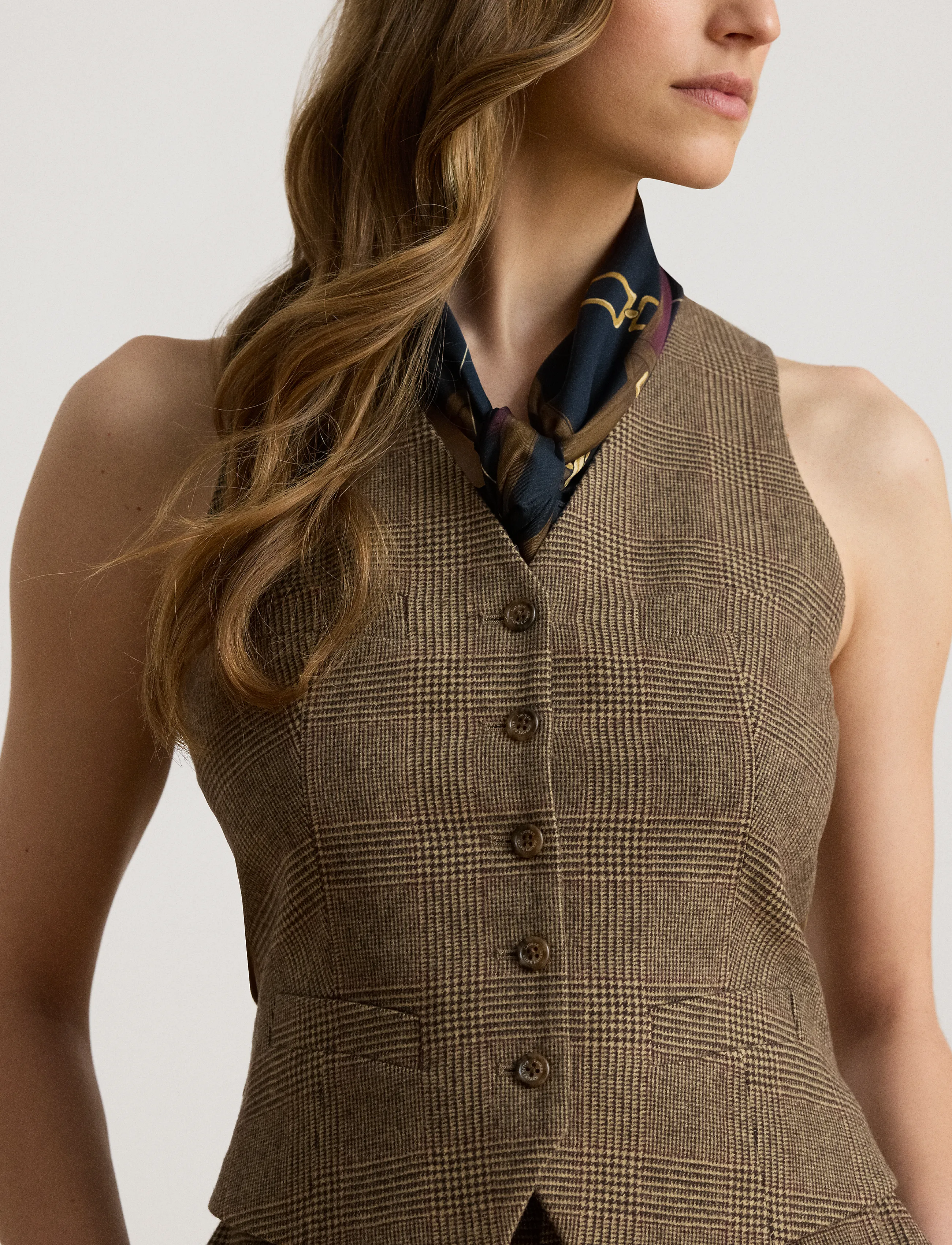 Lauren Ralph Lauren - Glen Plaid Wool Twill Vest - brown/tan multi - 4