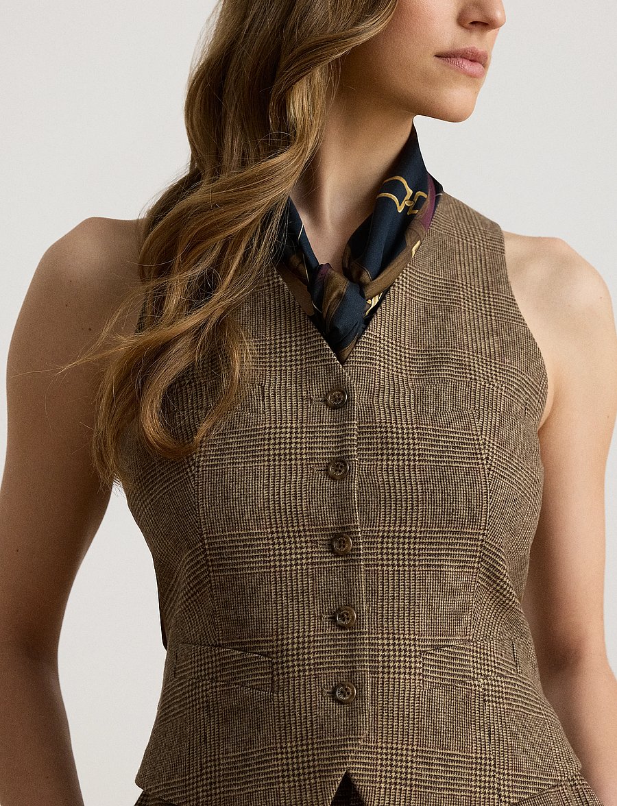 Lauren Ralph Lauren - Glen Plaid Wool Twill Vest - brown/tan multi - 4
