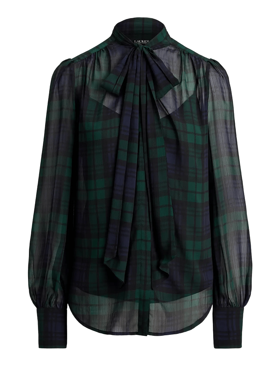 Lauren Ralph Lauren - Black Watch Georgette Tie-Neck Blouse - langærmede bluser - navy/green/black - 1