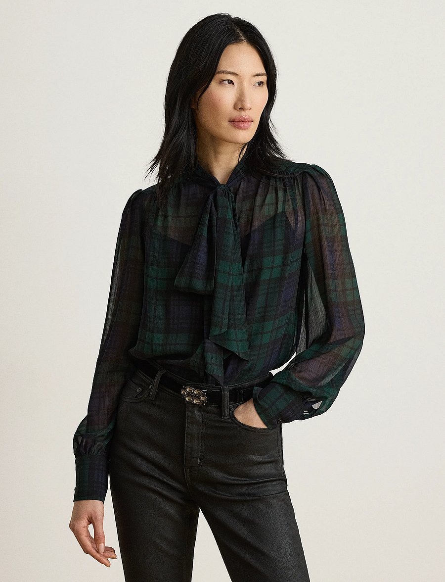 Lauren Ralph Lauren - Black Watch Georgette Tie-Neck Blouse - langærmede bluser - navy/green/black - 0