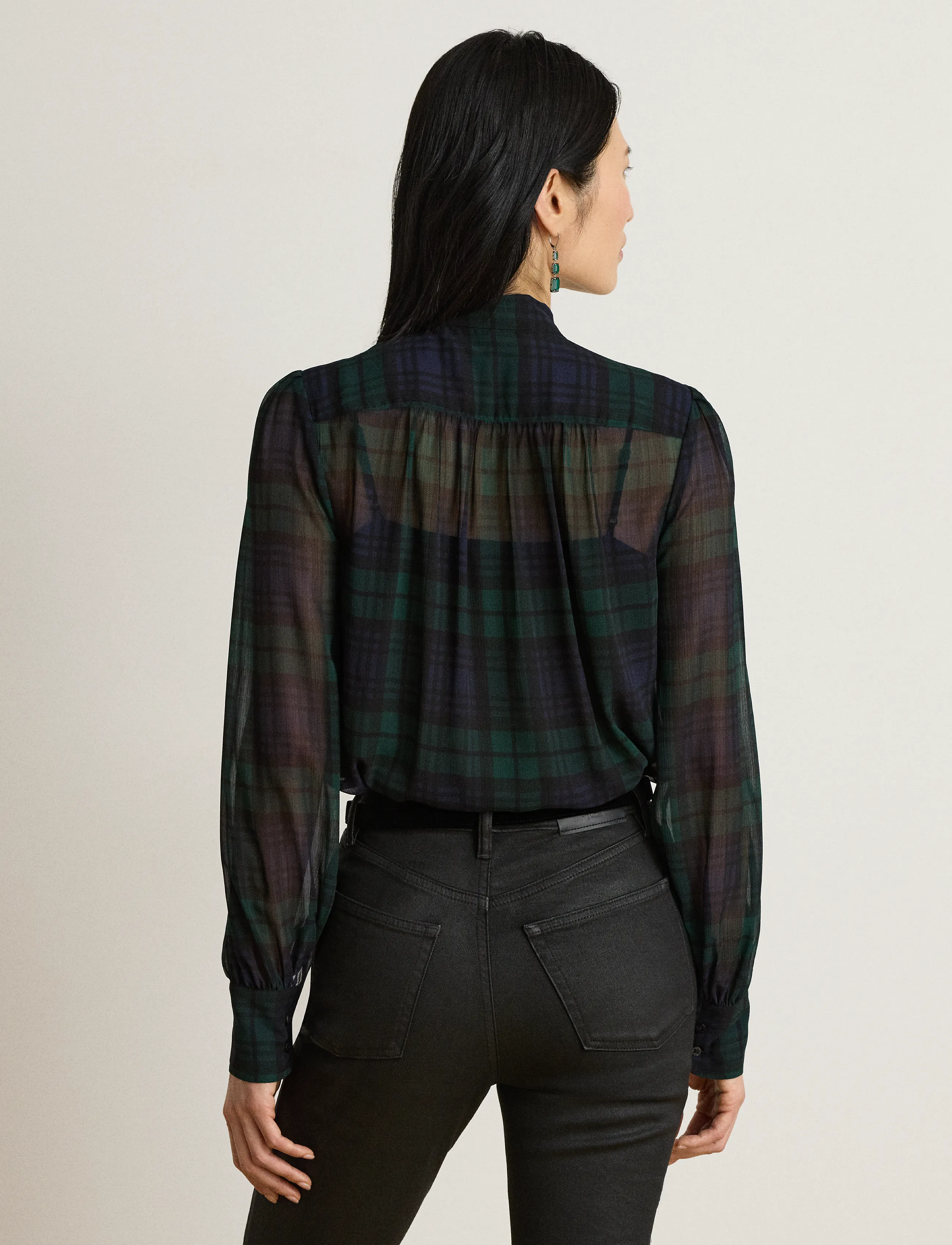 Lauren Ralph Lauren - Black Watch Georgette Tie-Neck Blouse - langærmede bluser - navy/green/black - 2