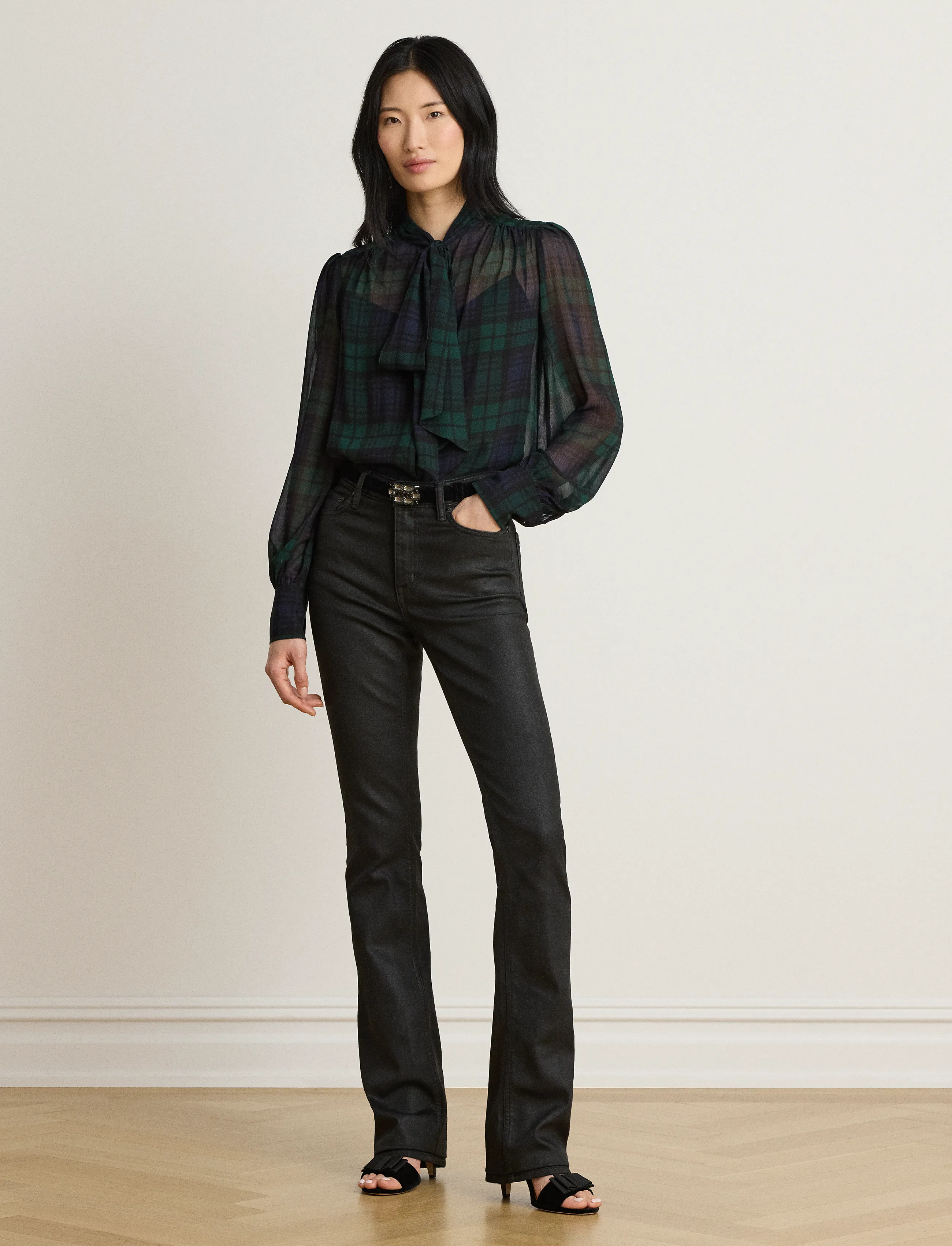 Lauren Ralph Lauren - Black Watch Georgette Tie-Neck Blouse - langærmede bluser - navy/green/black - 3